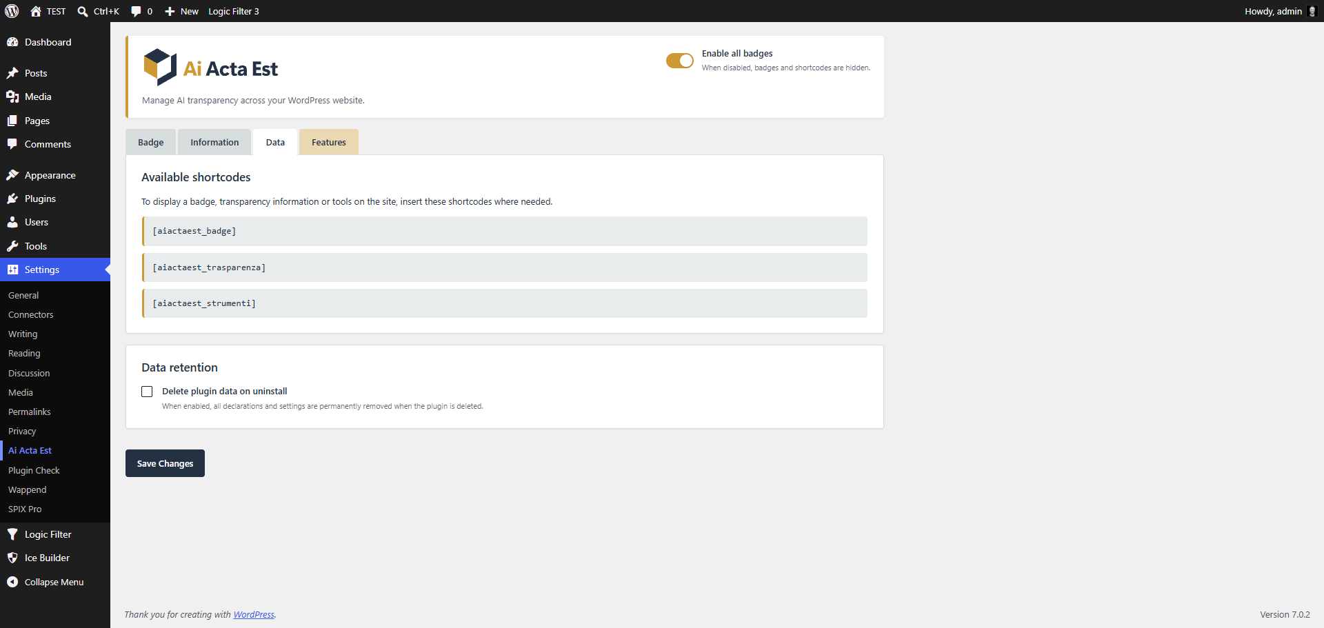 Data tab: available shortcodes and data retention on uninstall.