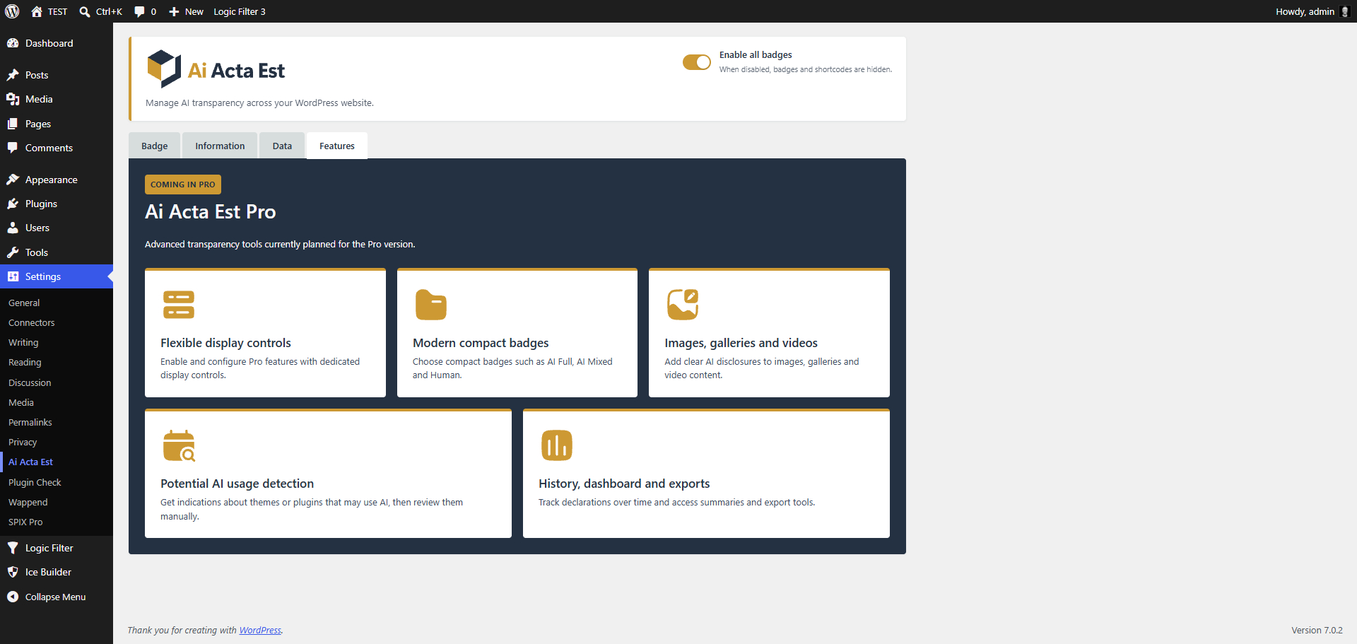 Features tab: introduces Ai Acta Est Pro.
