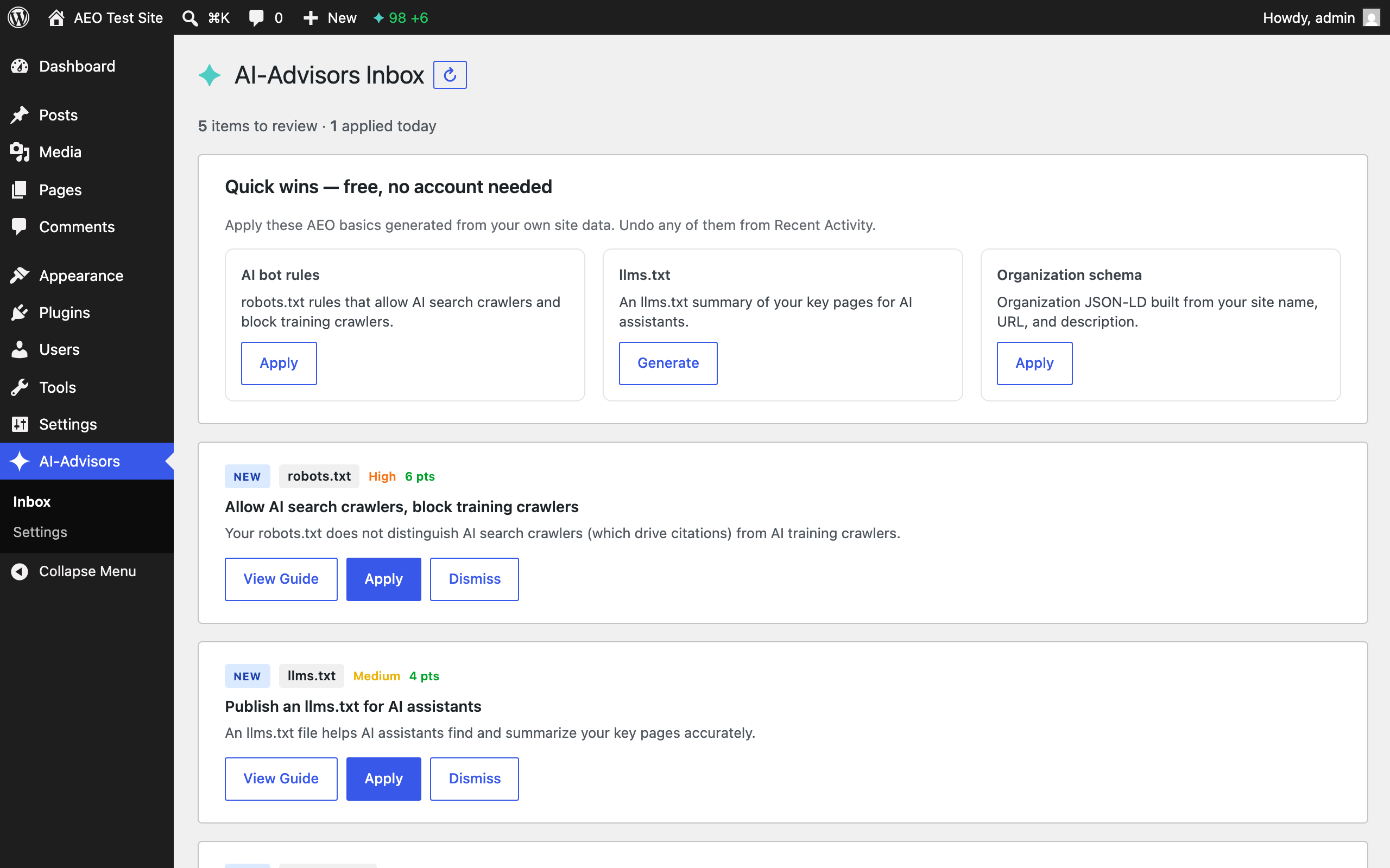 Inbox — free local tools and pending recommendations with Apply/Dismiss