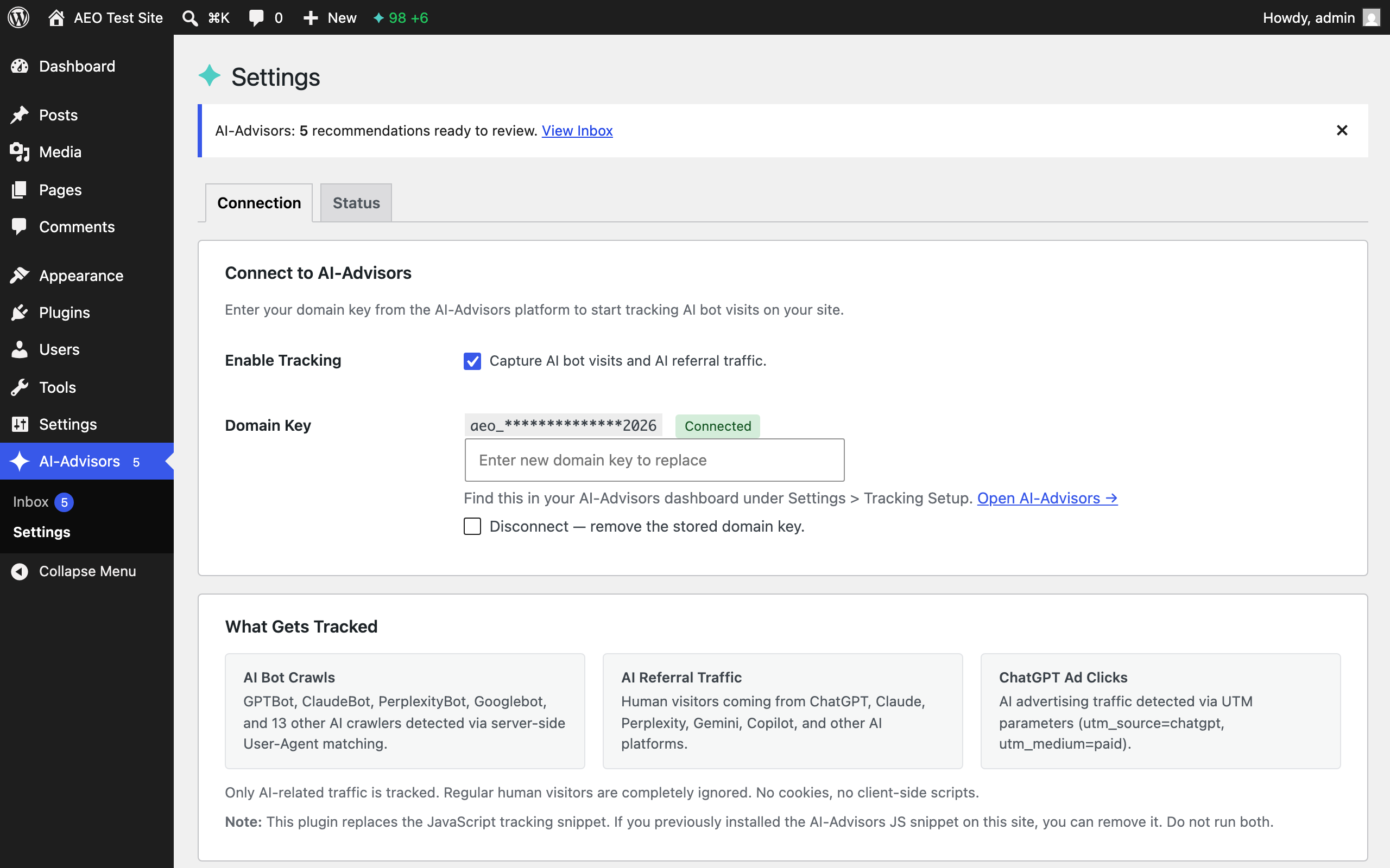 Connection tab — enter your domain key and enable tracking