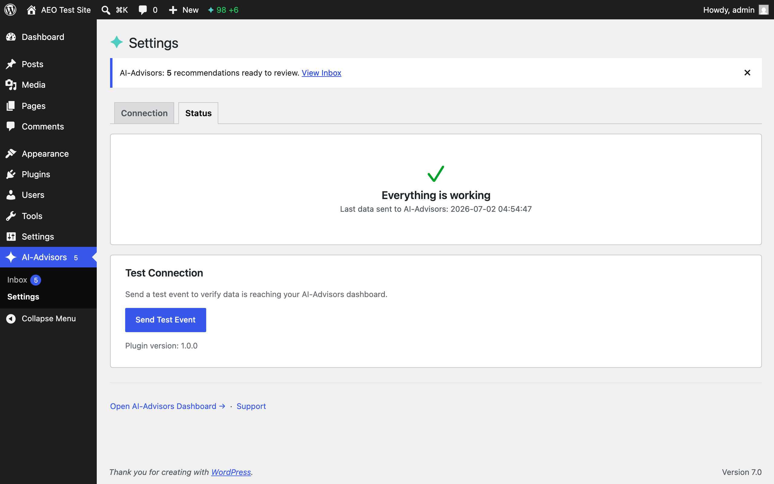Status tab — queue health, circuit breaker, and test event