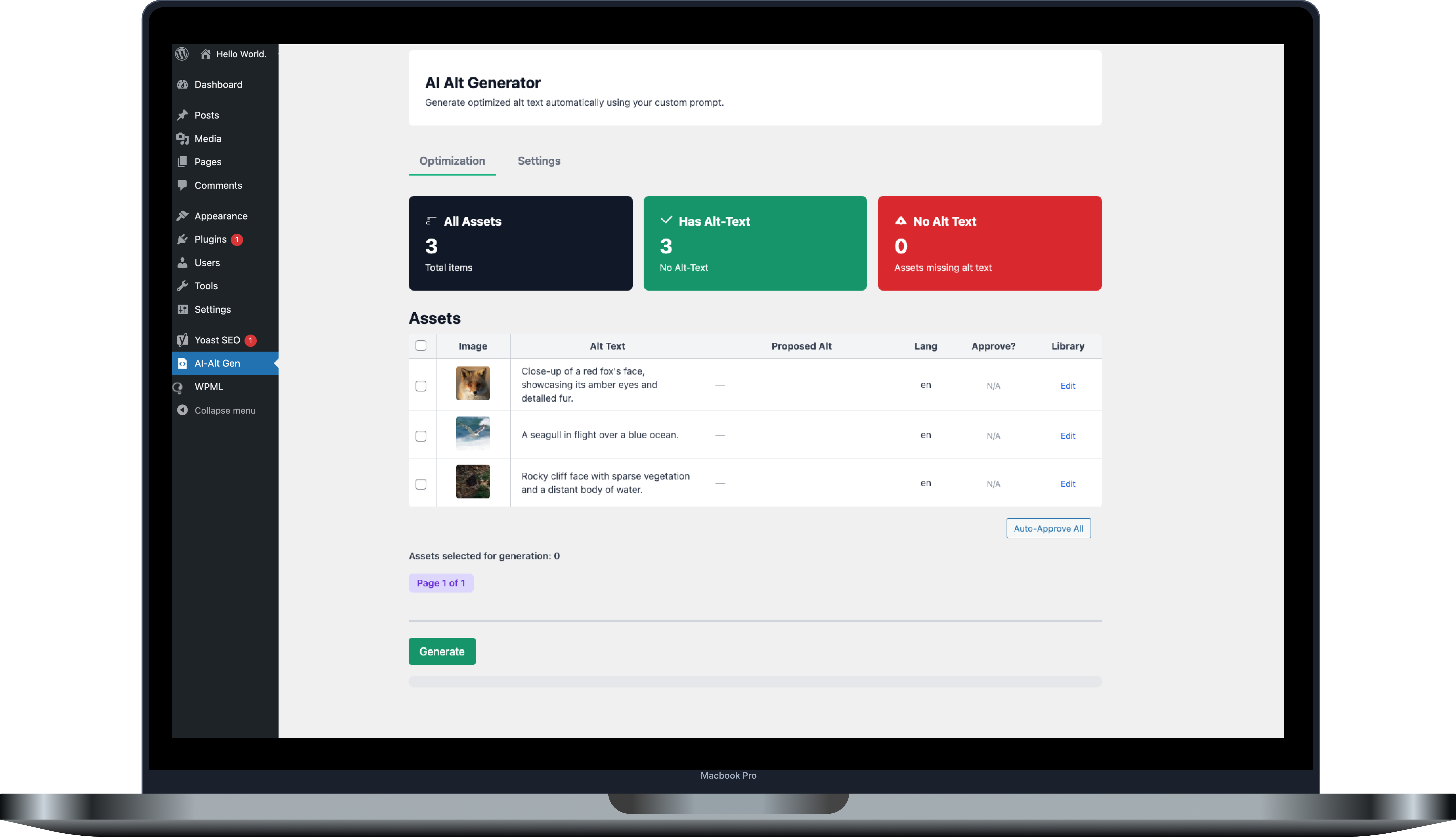 <strong>Dashboard</strong>: Overview of media assets and their alt text status.