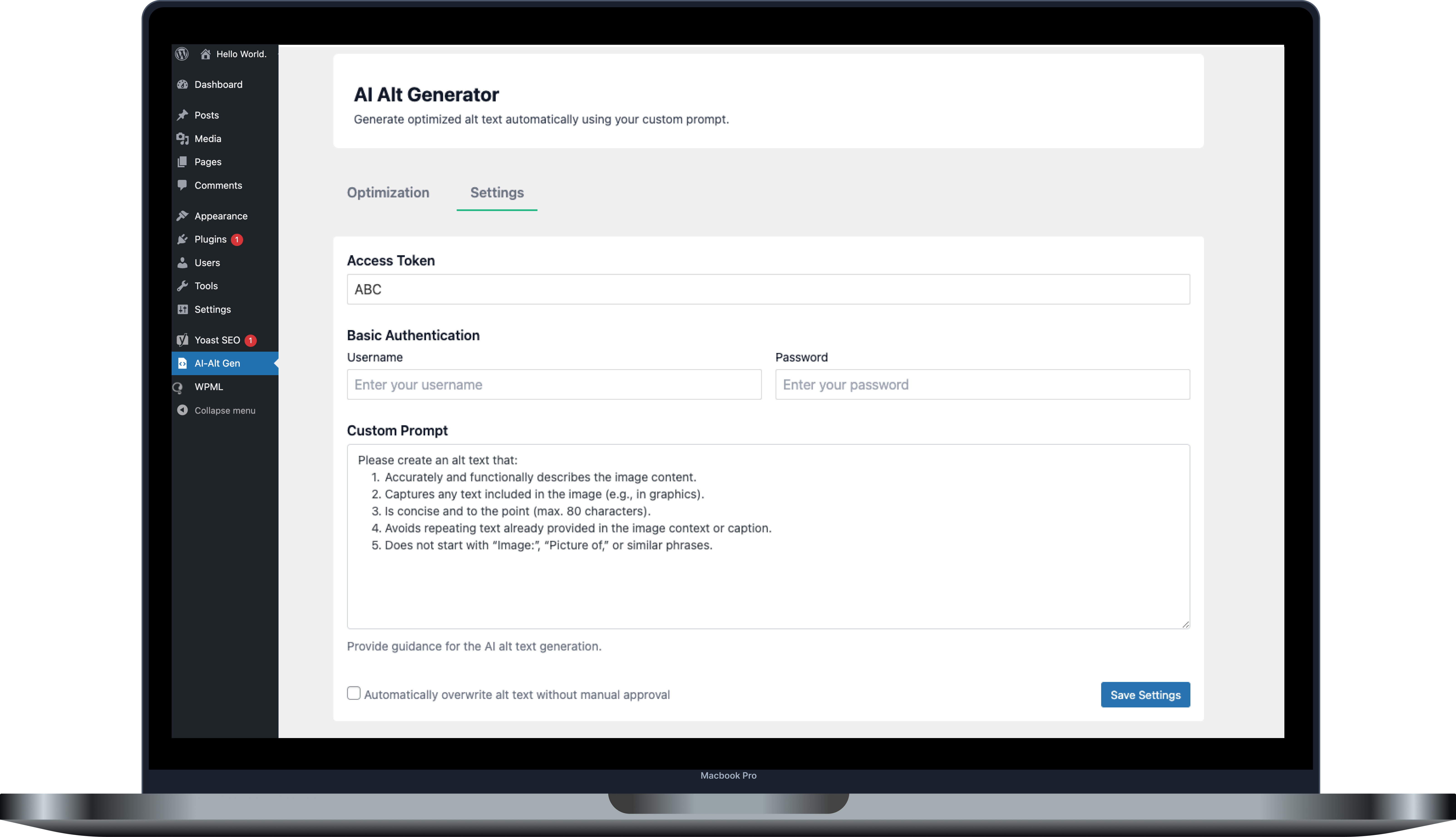 <strong>Settings Page</strong>: Set up your Access Token, Custom Prompt, and Auto-Approve.