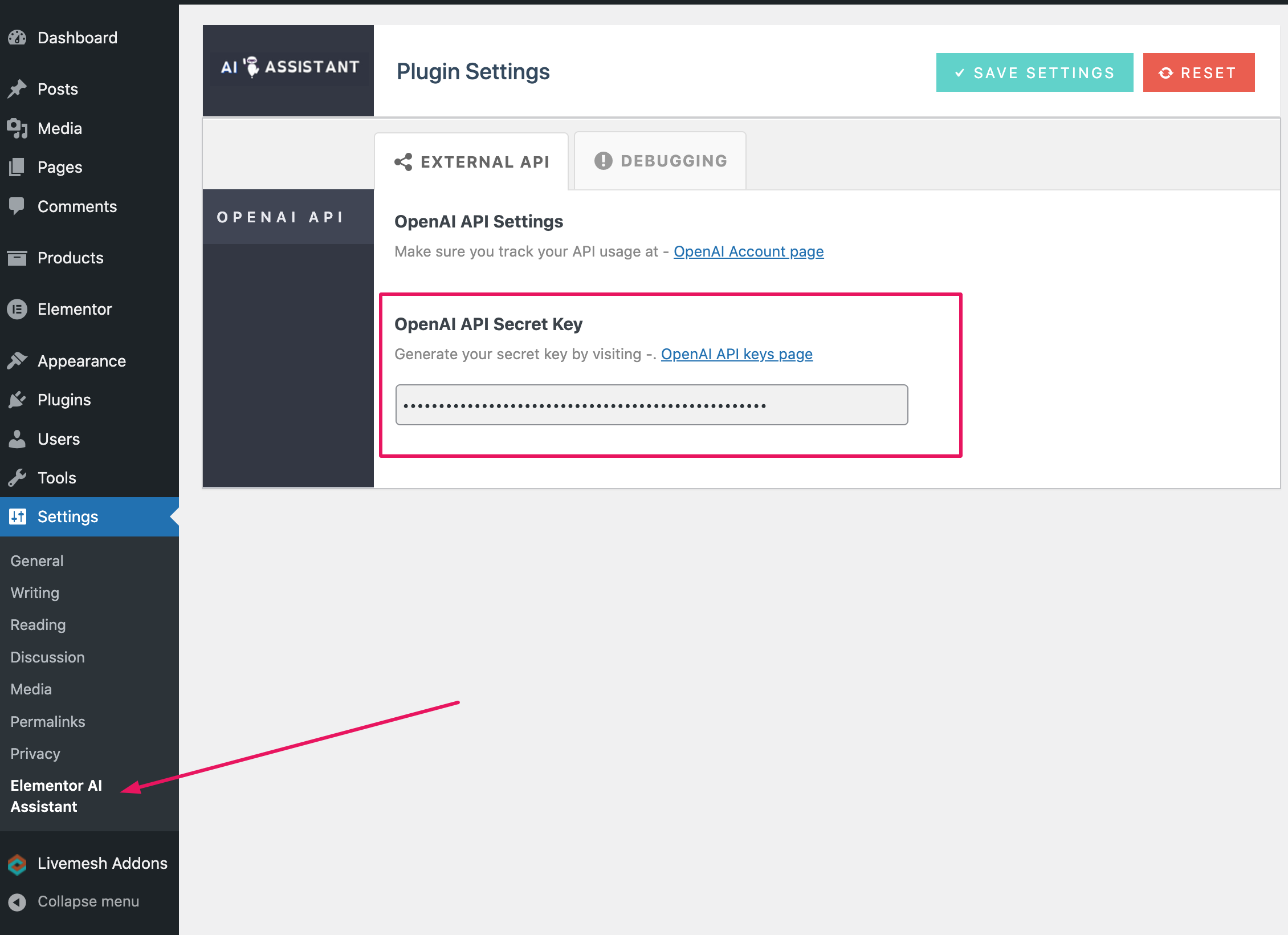 The OpenAI API settings to be provided in Settings->Elementor AI Assistant page