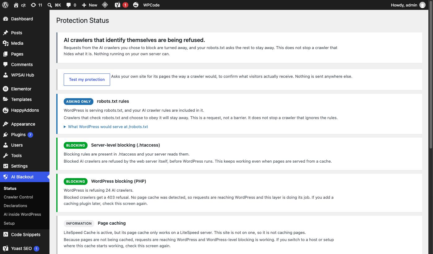 Protection status — what is actually working on your server, tested rather than assumed.