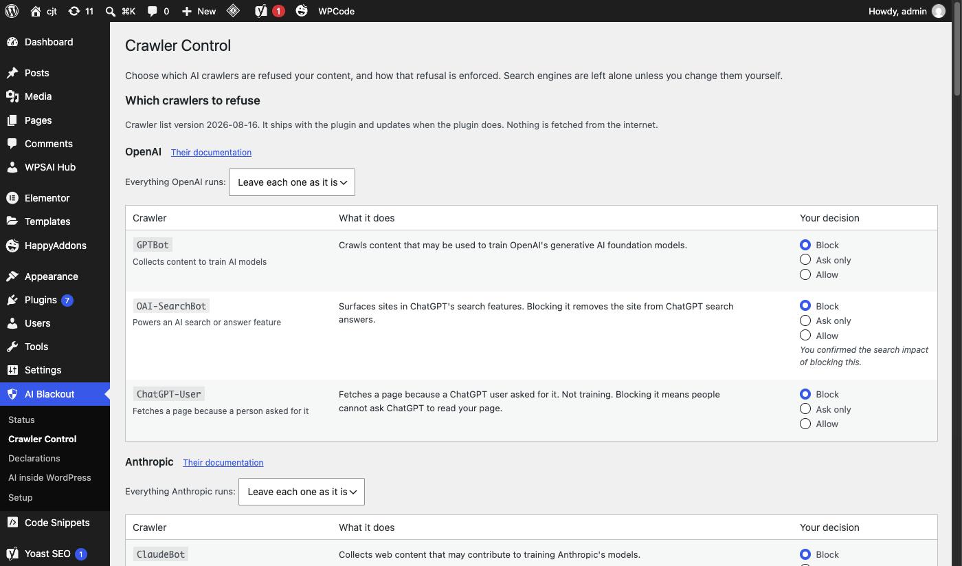 Crawler Control — every AI crawler, what it does, and your decision.