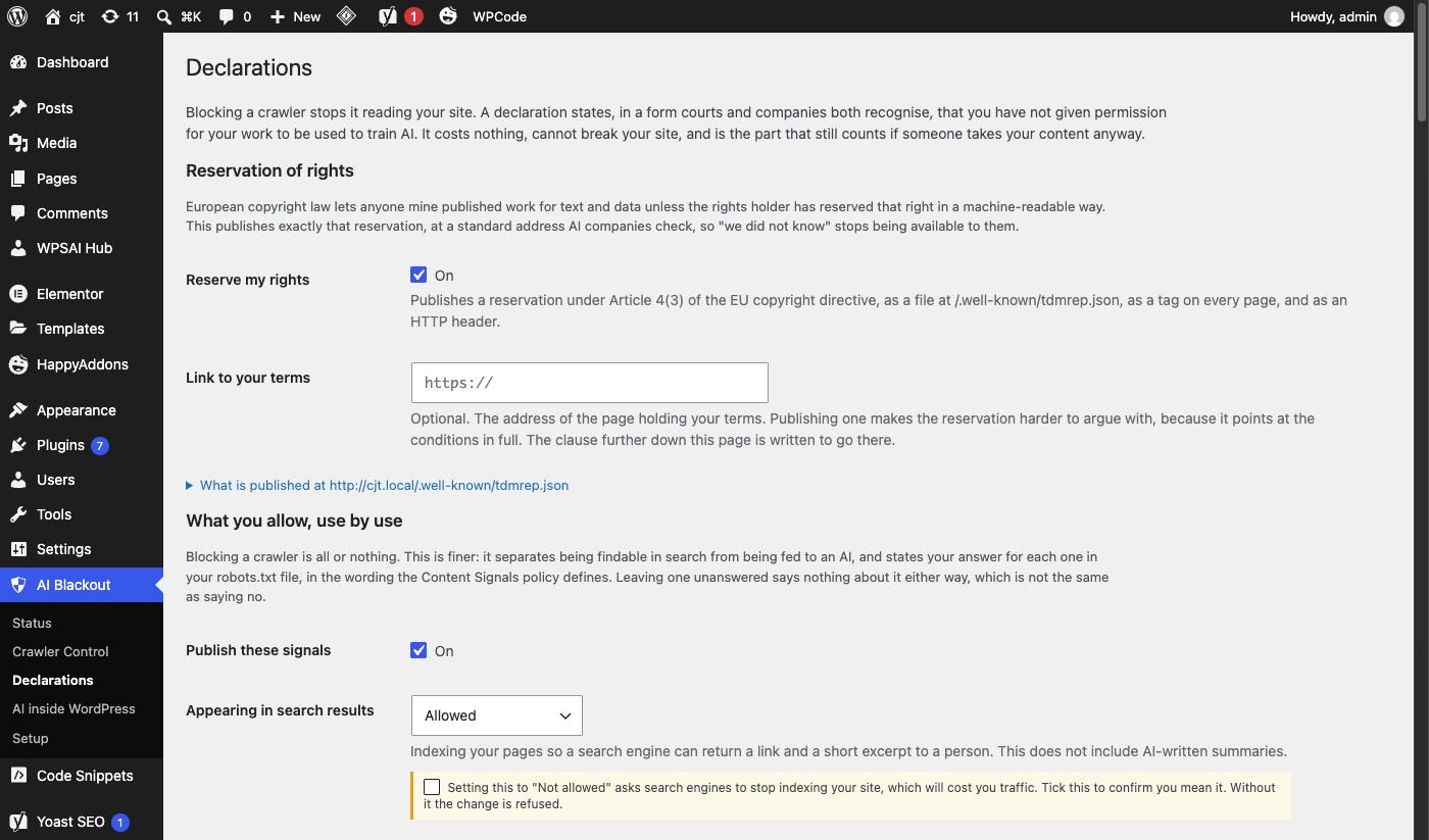 Declarations — your reservation of rights, and the signals published in your robots.txt.