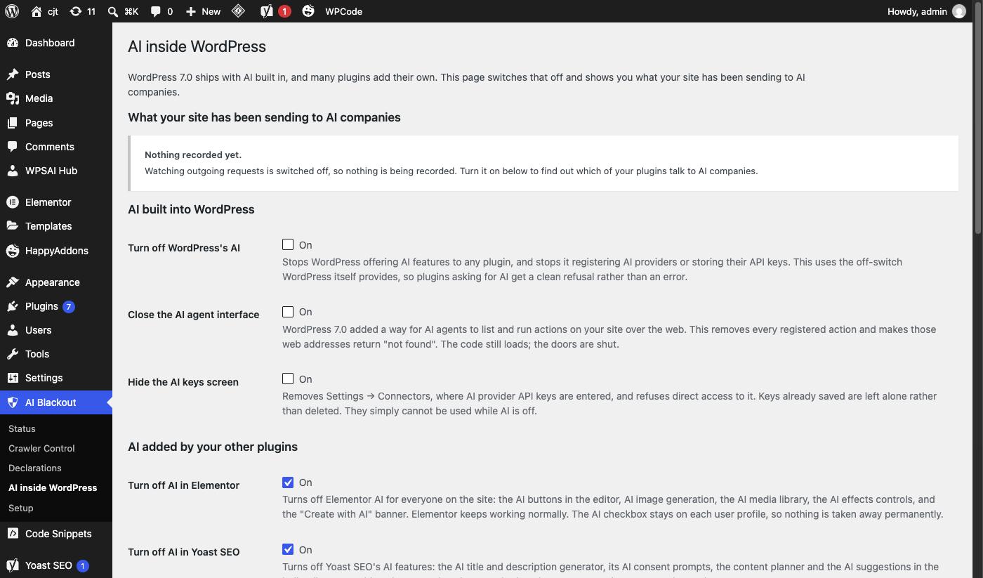 AI inside WordPress — switch off the AI built into core, and the AI your other plugins added.