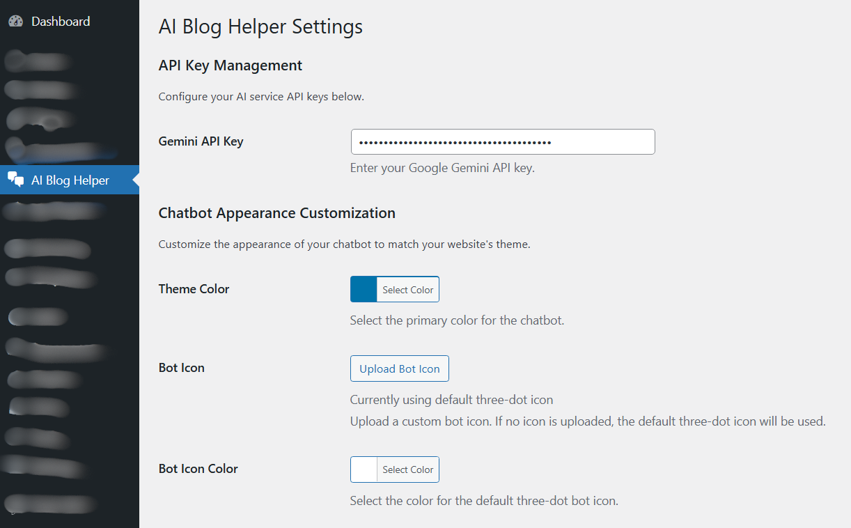 <strong>Clear & Simple Settings (Dashboard):</strong> Easily manage your Gemini API key, primary theme color, and bot icon settings.
