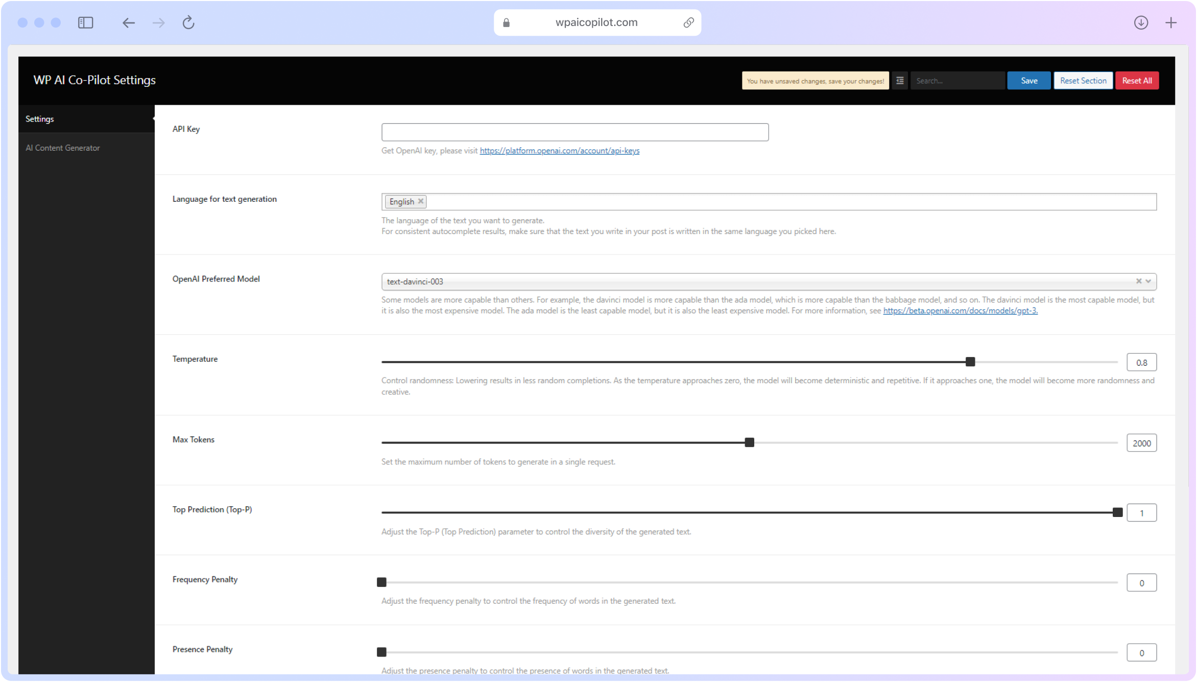 Search for <code>AI Co-Pilot For WP</code>.