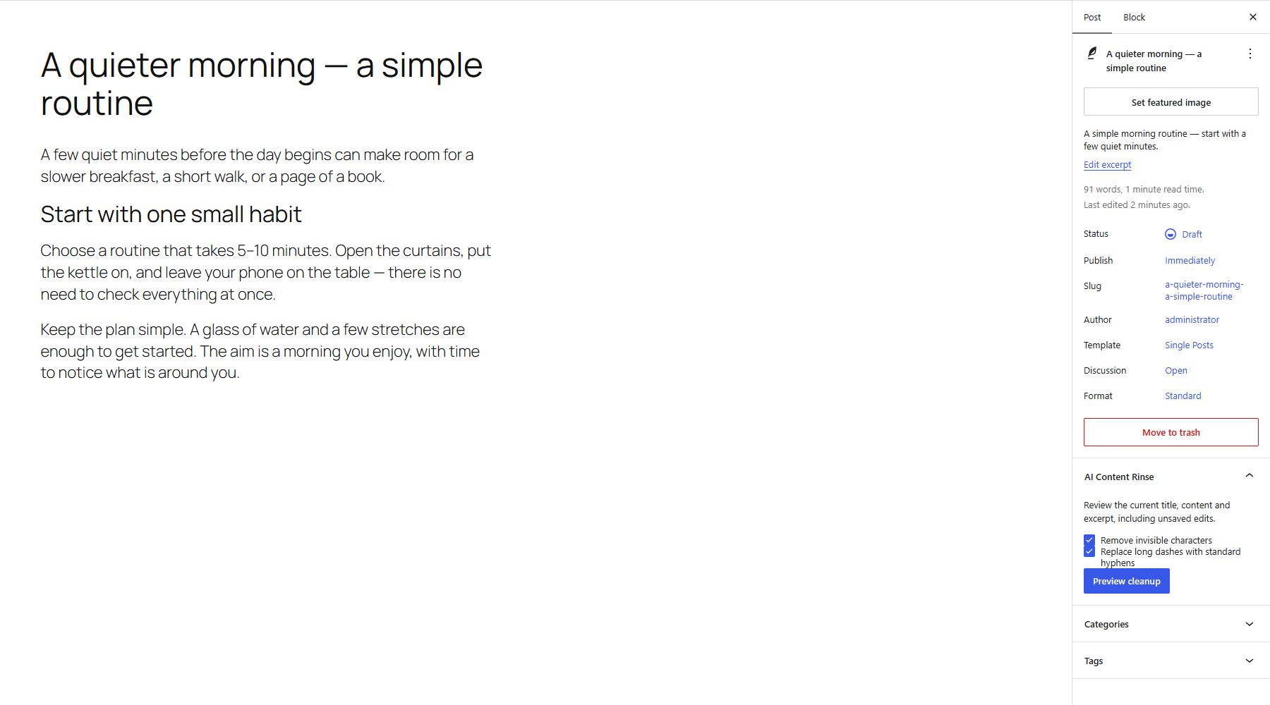 Open AI Content Rinse beside your article in the block editor and choose the cleanup settings.