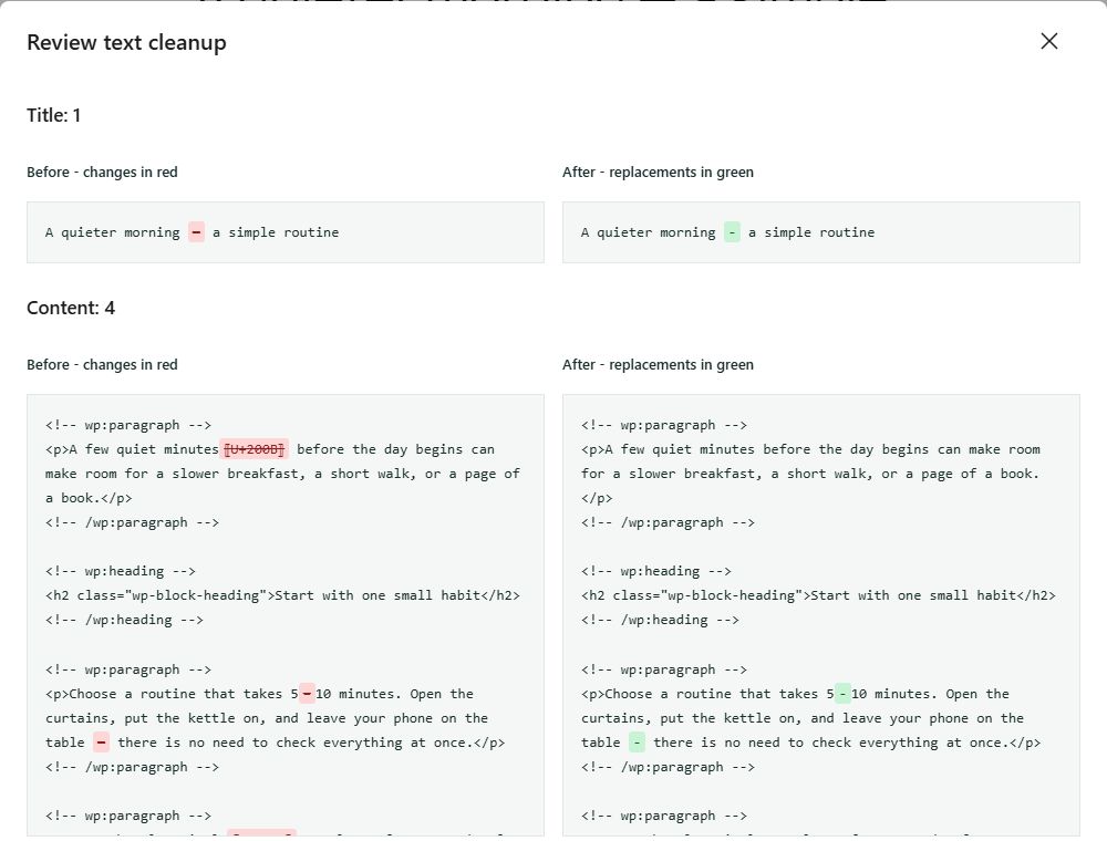 Compare proposed changes to the article title and content, highlighted in red and green.