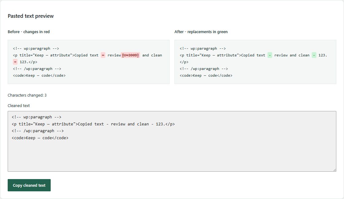 Clean visible text while preserving WordPress block comments, HTML markup and code.