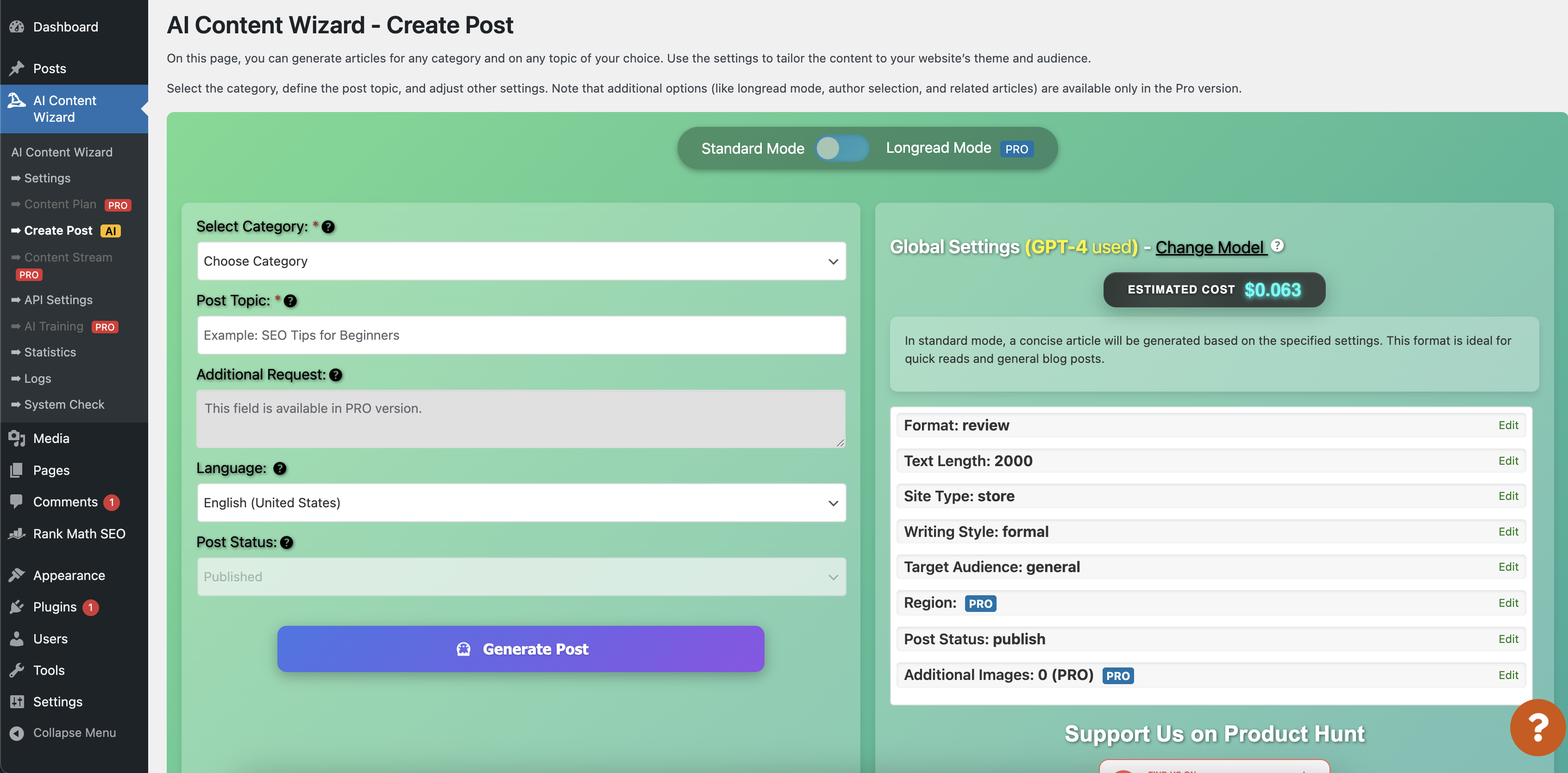 <strong>Logs Interface</strong> – View and filter logs for content generation and system events.