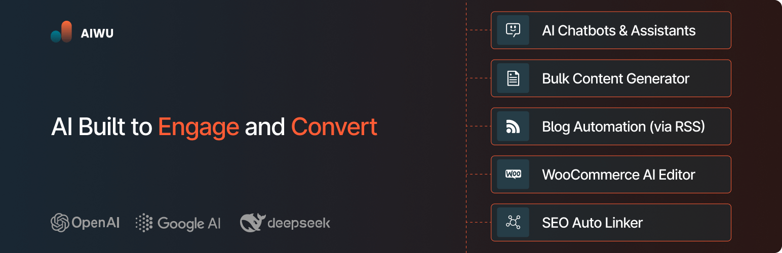 WordPress 外掛 AIWU – AI ChatBot, Bulk Content Generator and SEO Tools 的封面圖片。