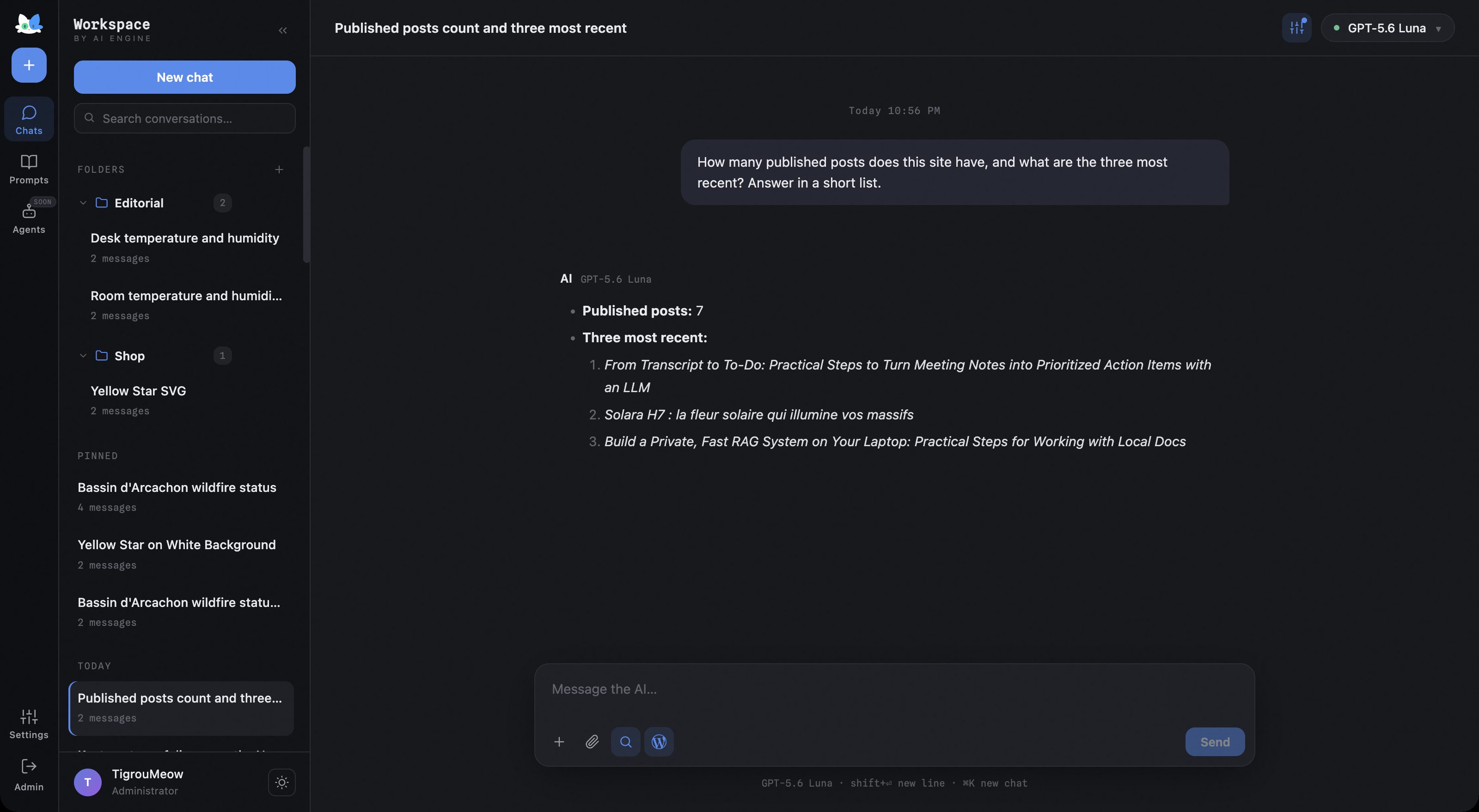 The Workspace: a full-screen AI chat inside wp-admin that can read and manage your site, with every model you configured.