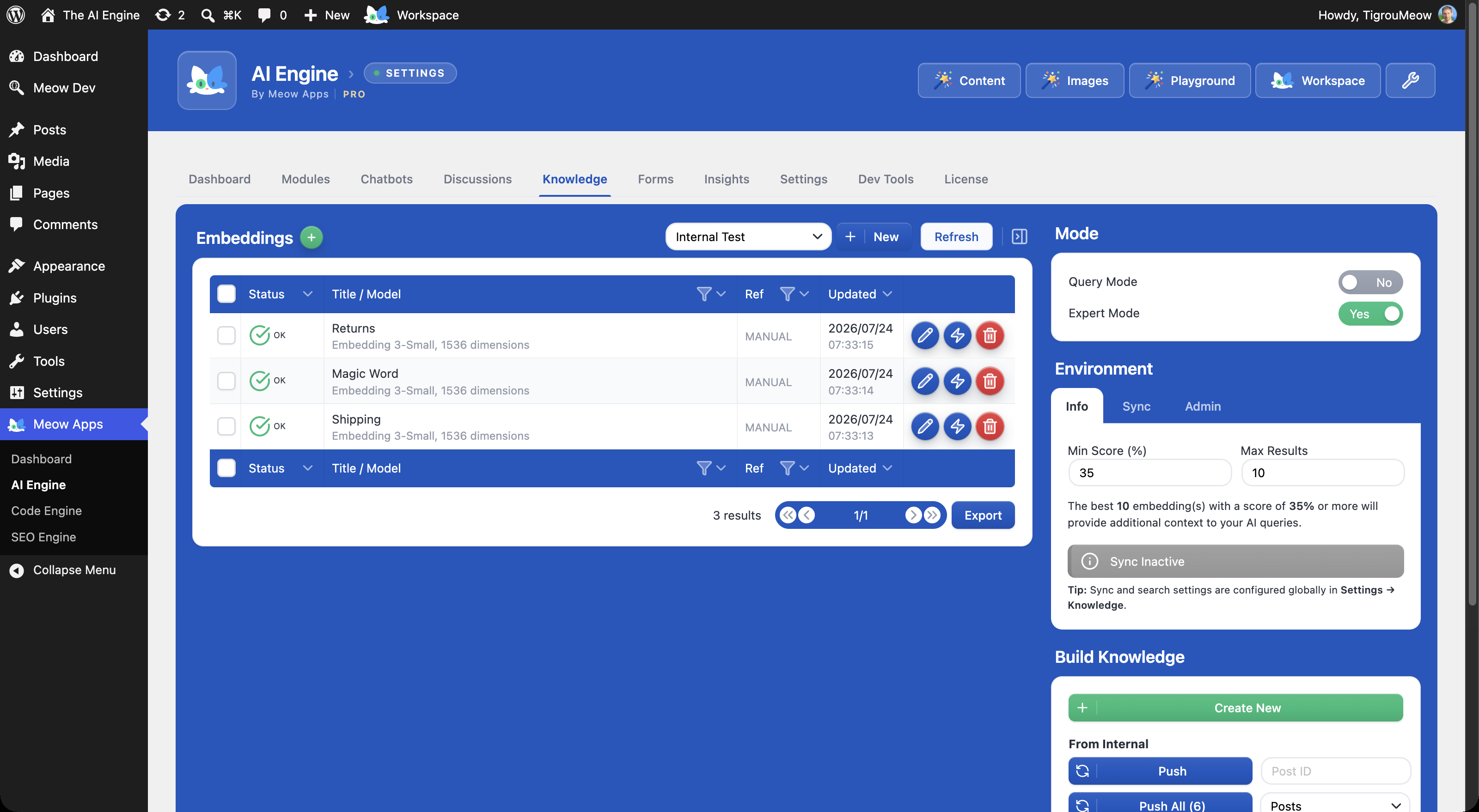 Knowledge: turn your posts, pages and PDFs into embeddings so the AI answers from your own content.