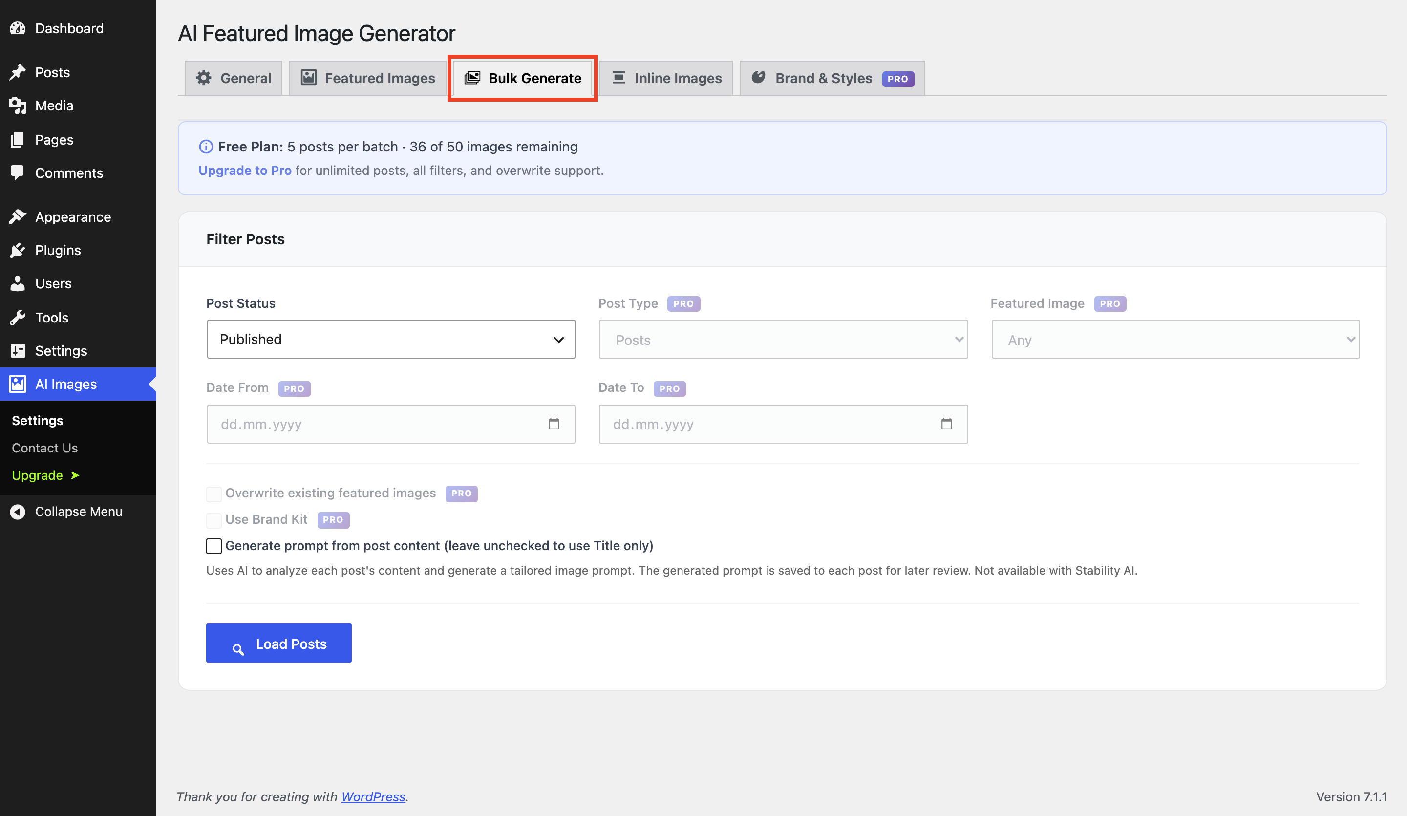Bulk Generate tab: filter posts and generate featured images in batches