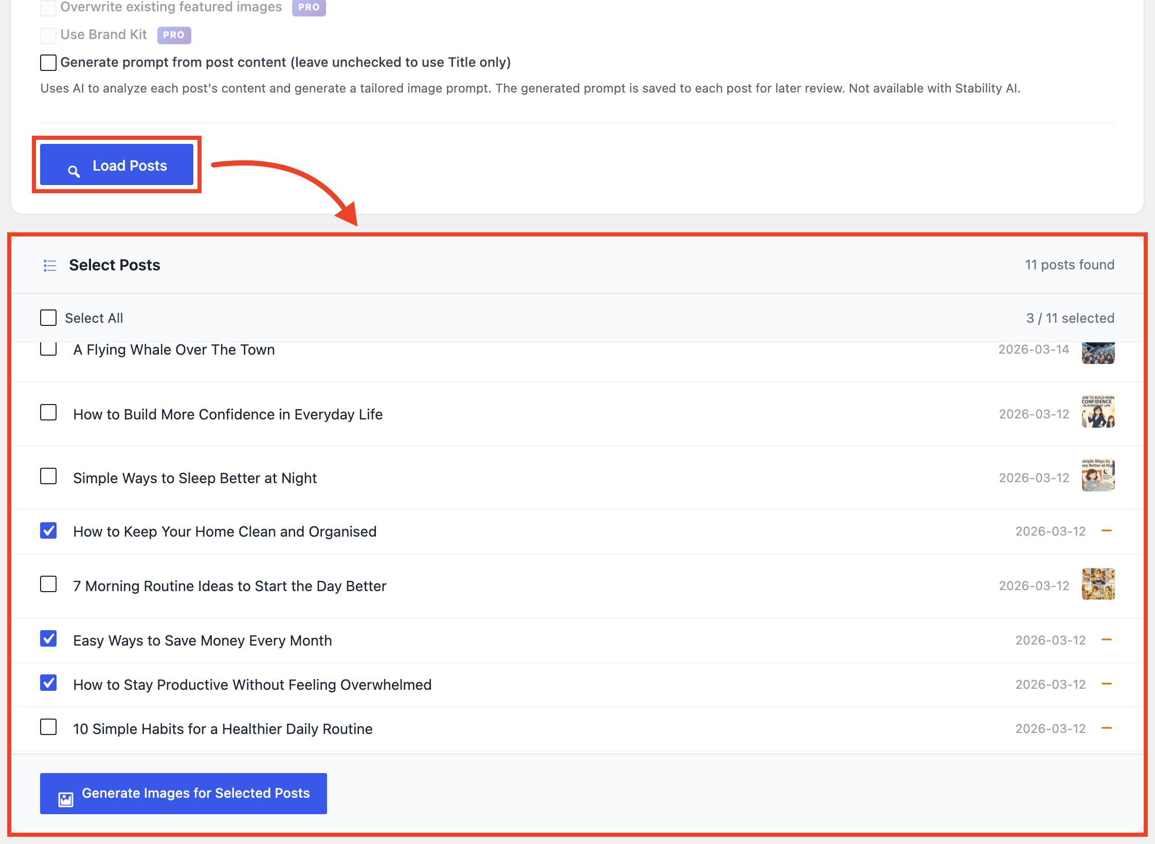 Bulk Generate: select posts and start batch generation