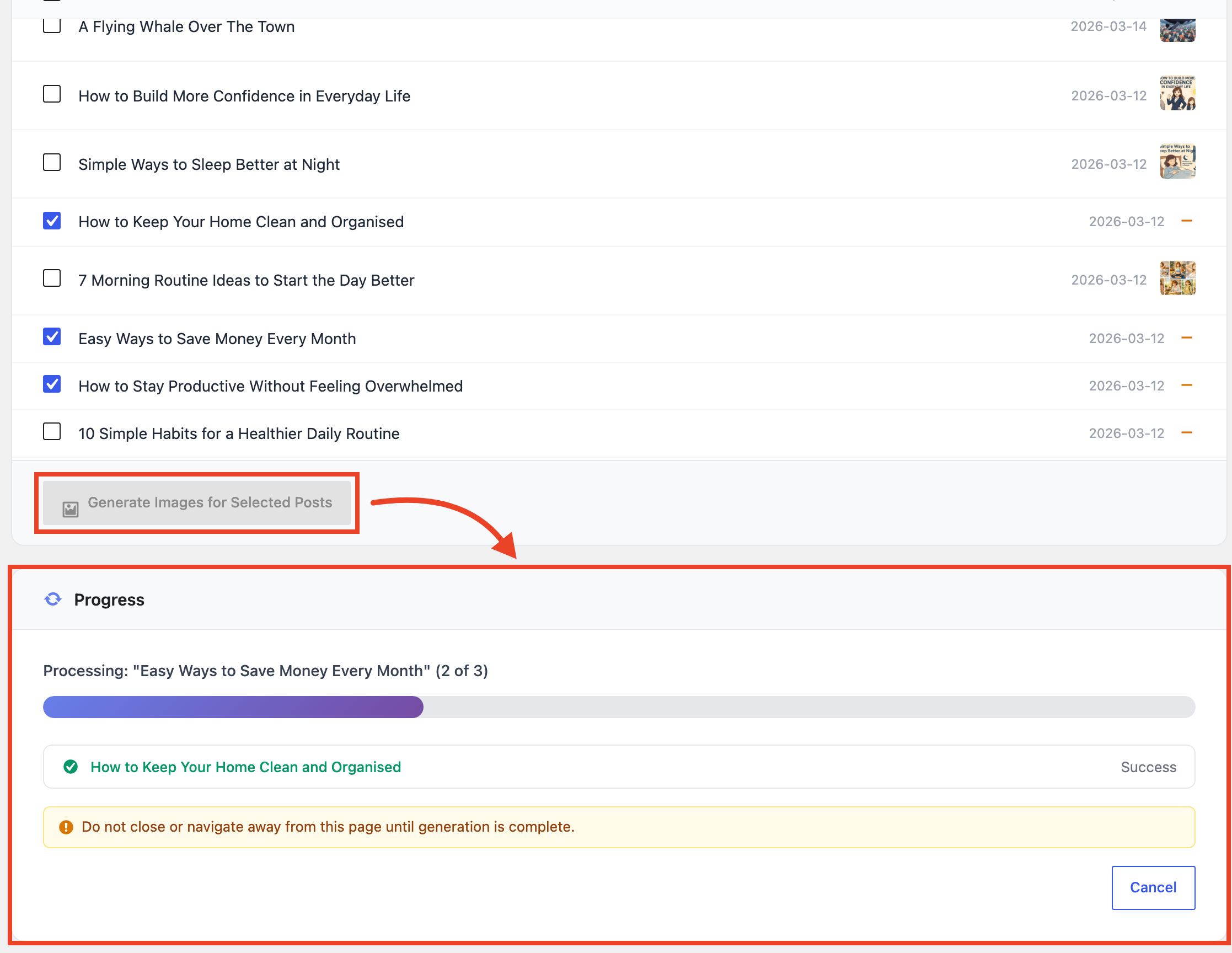 Bulk Generate progress: real-time progress bar with per-post status