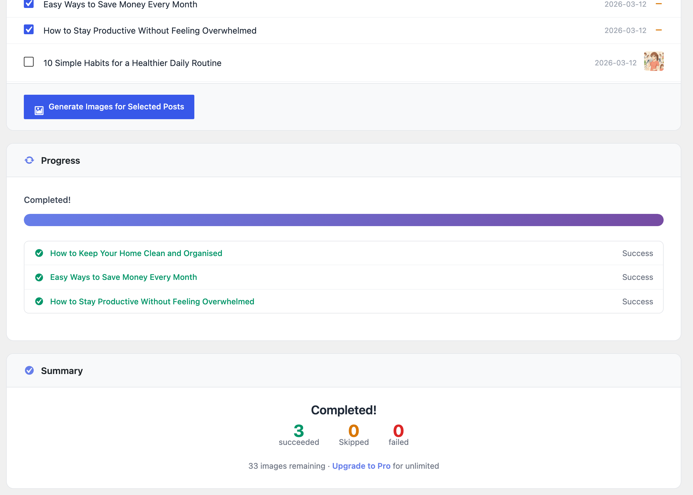Bulk Generate summary: completed results with success, skipped, and failed counts