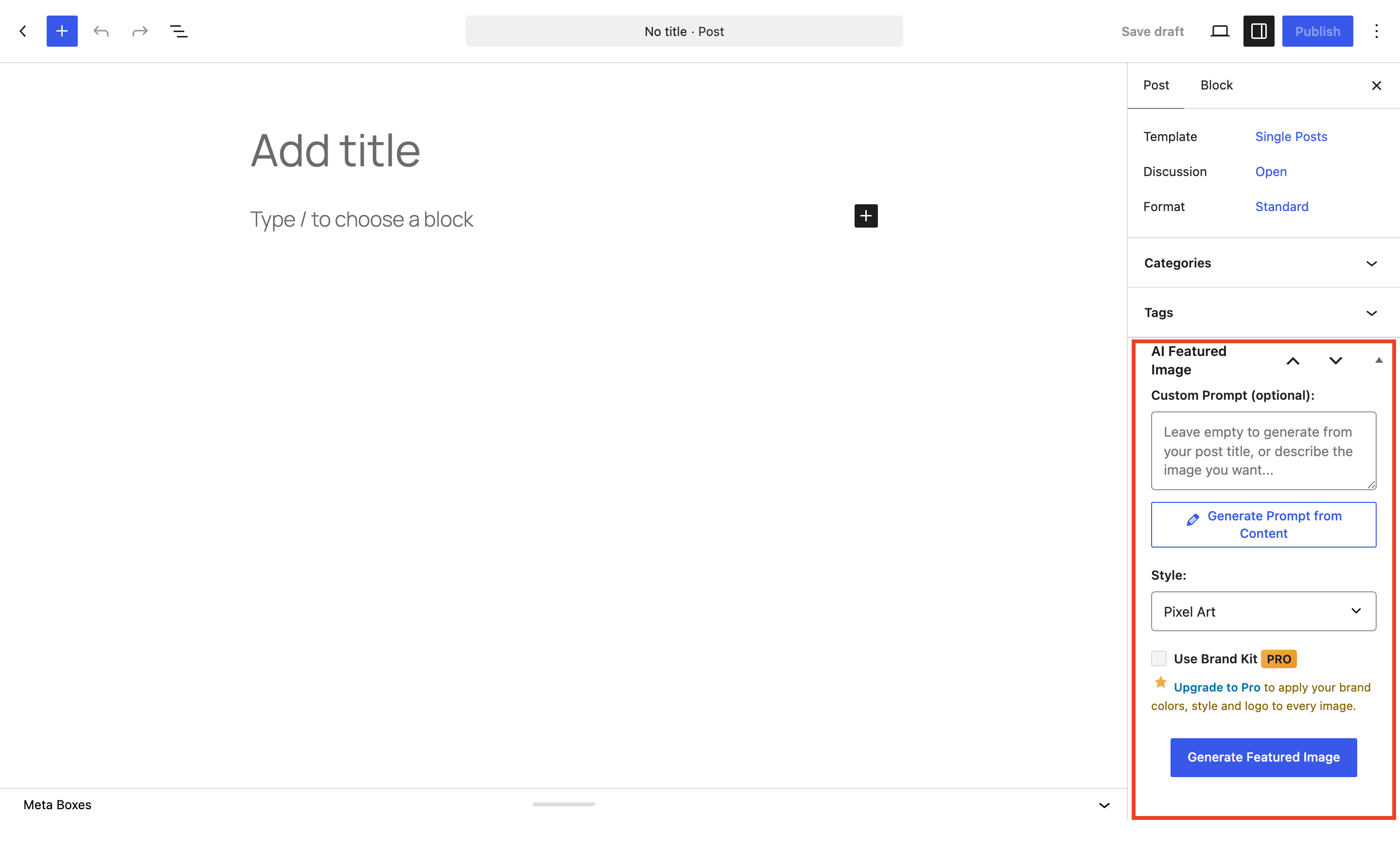 Post editor meta box: custom prompt, style picker, and Generate Featured Image button