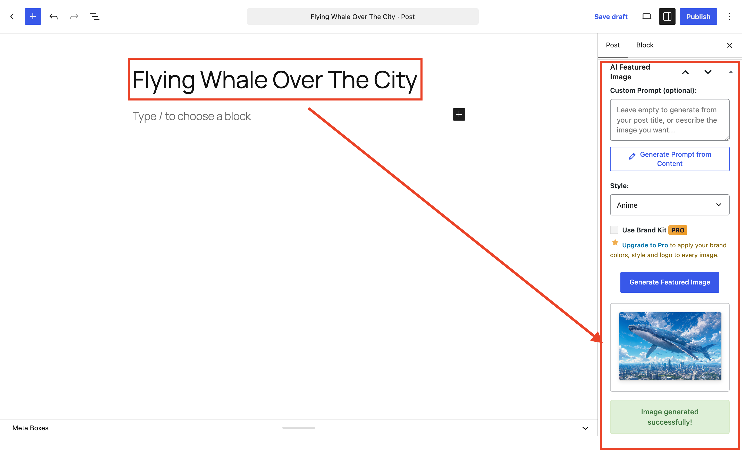 Generated image preview: AI-generated featured image set directly from the post editor