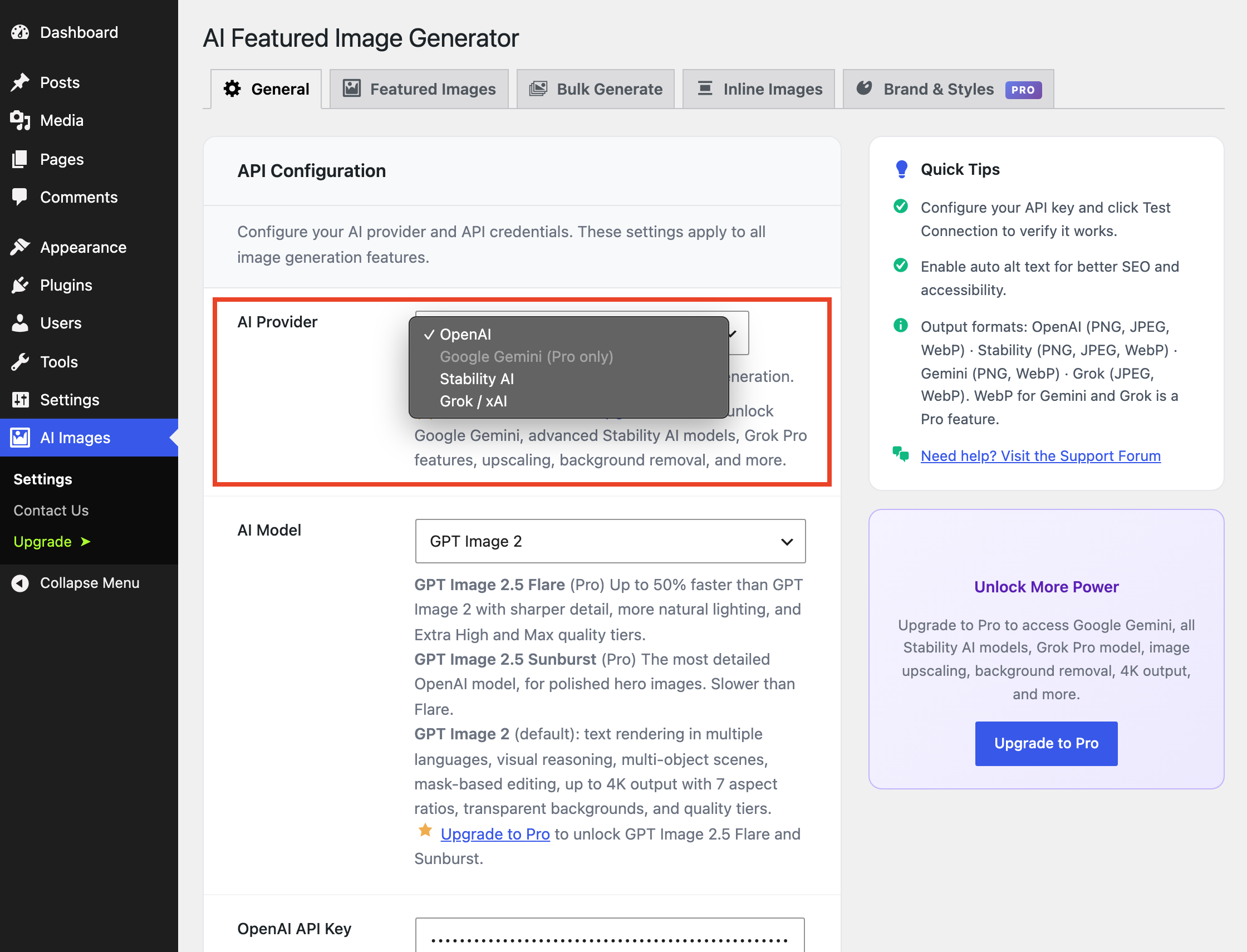 AI Provider selector: choose between OpenAI, Stability AI, Grok/xAI, or Google Gemini (Pro)