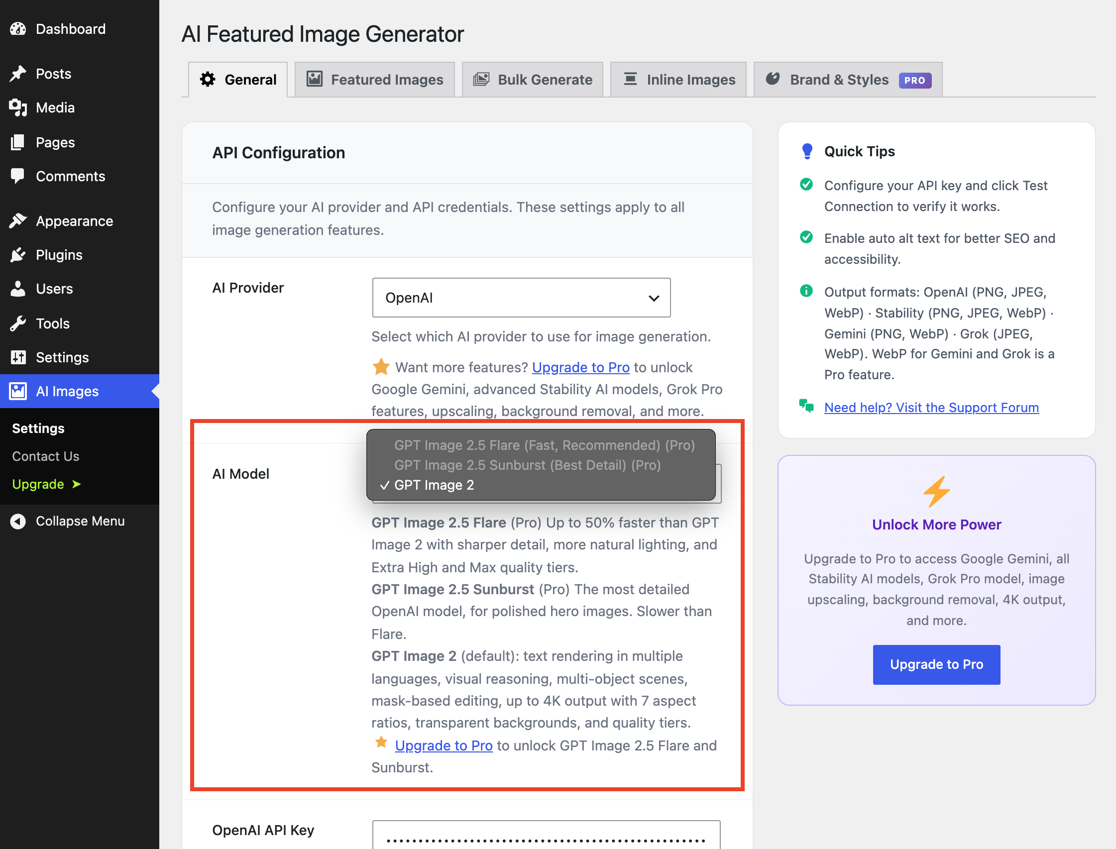 AI Model selector: pick from GPT Image 2.5 Flare and GPT Image 2.5 Sunburst (Pro), or GPT Image 2