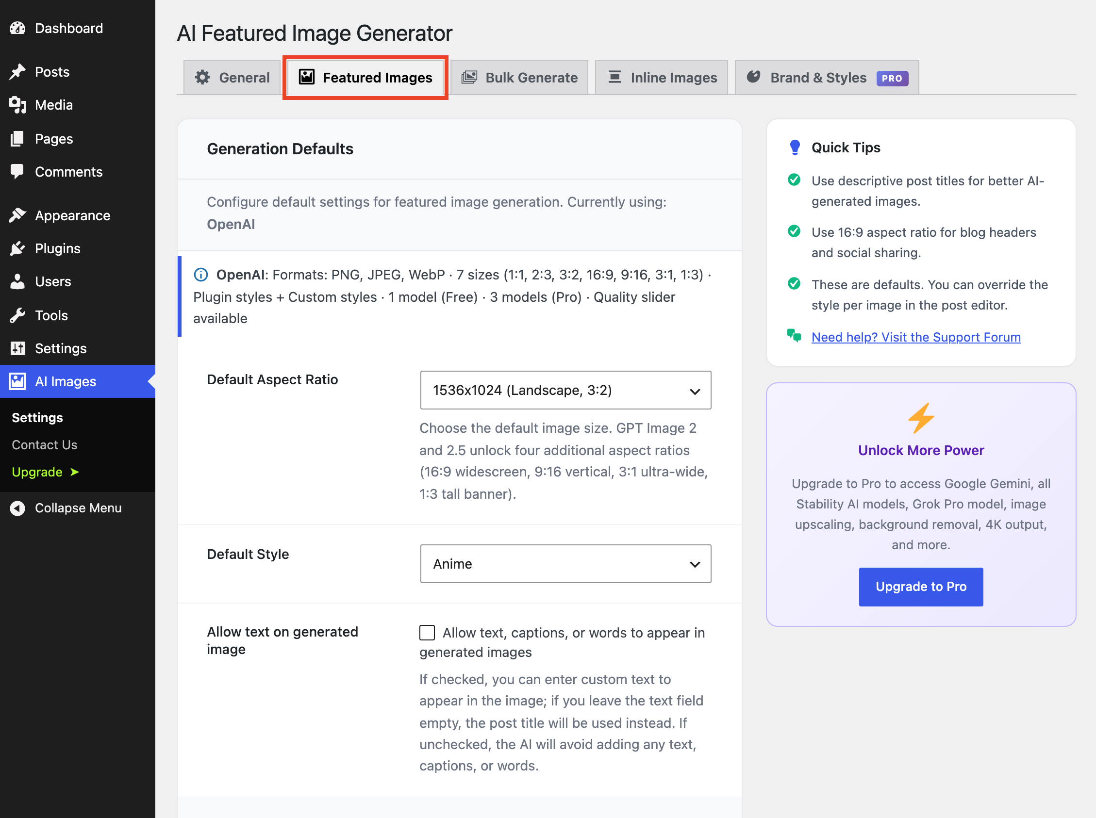 Featured Images settings: default aspect ratio, style, and text options