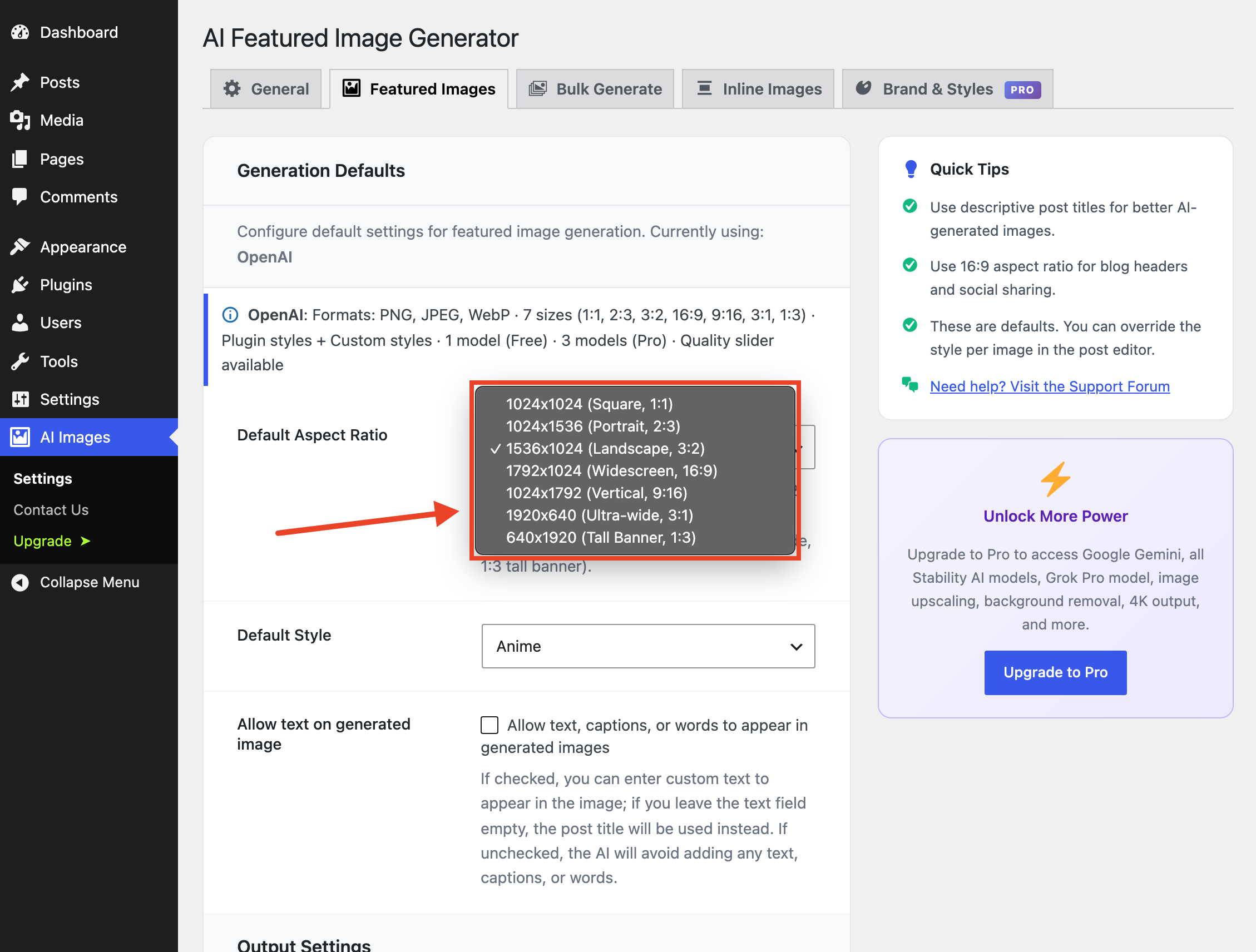 Image size options: 7 sizes including Square, Portrait, Landscape, Widescreen 16:9, Vertical 9:16, Ultra-wide 3:1, and Tall Banner 1:3