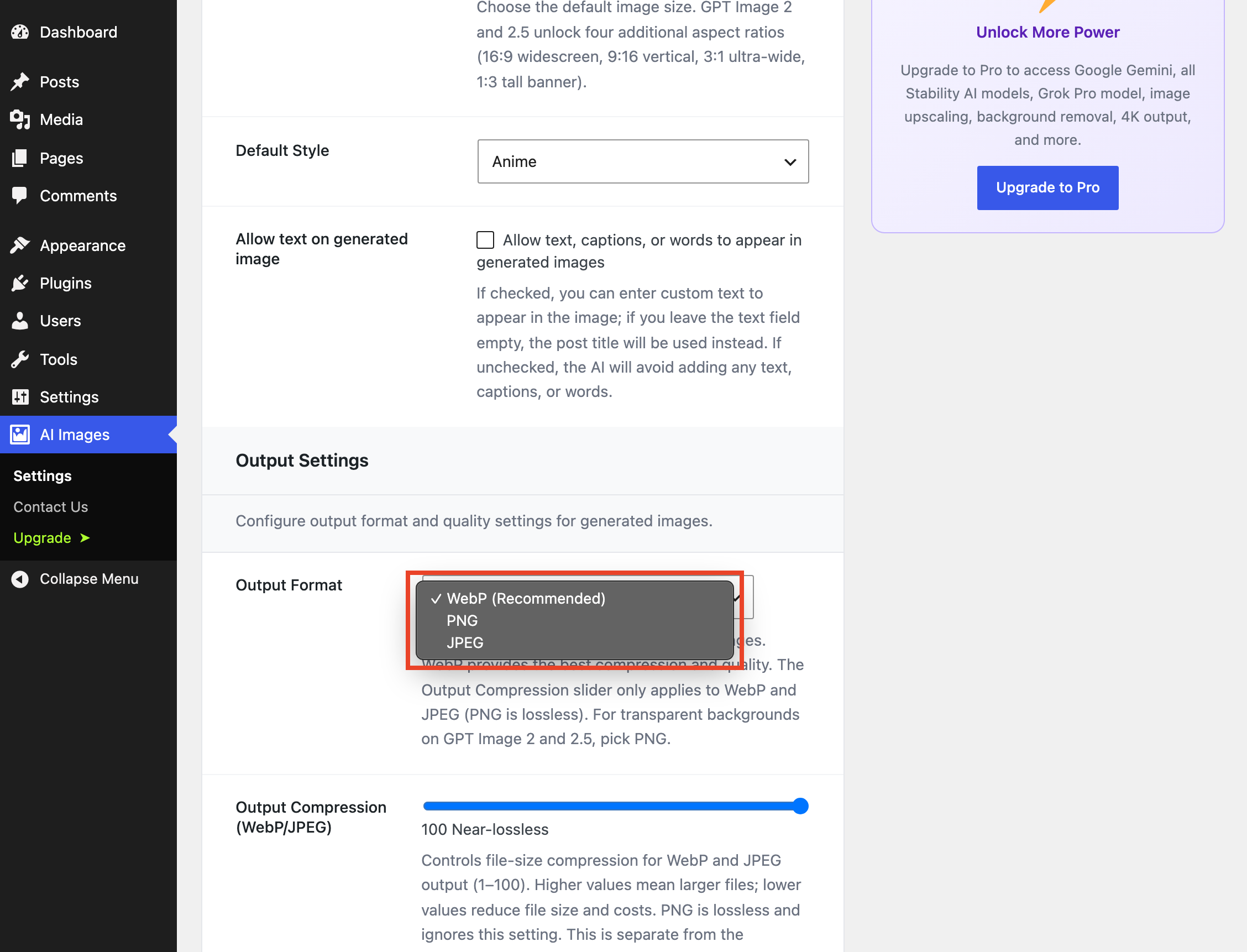 Output format selector: WebP (recommended), PNG, or JPEG