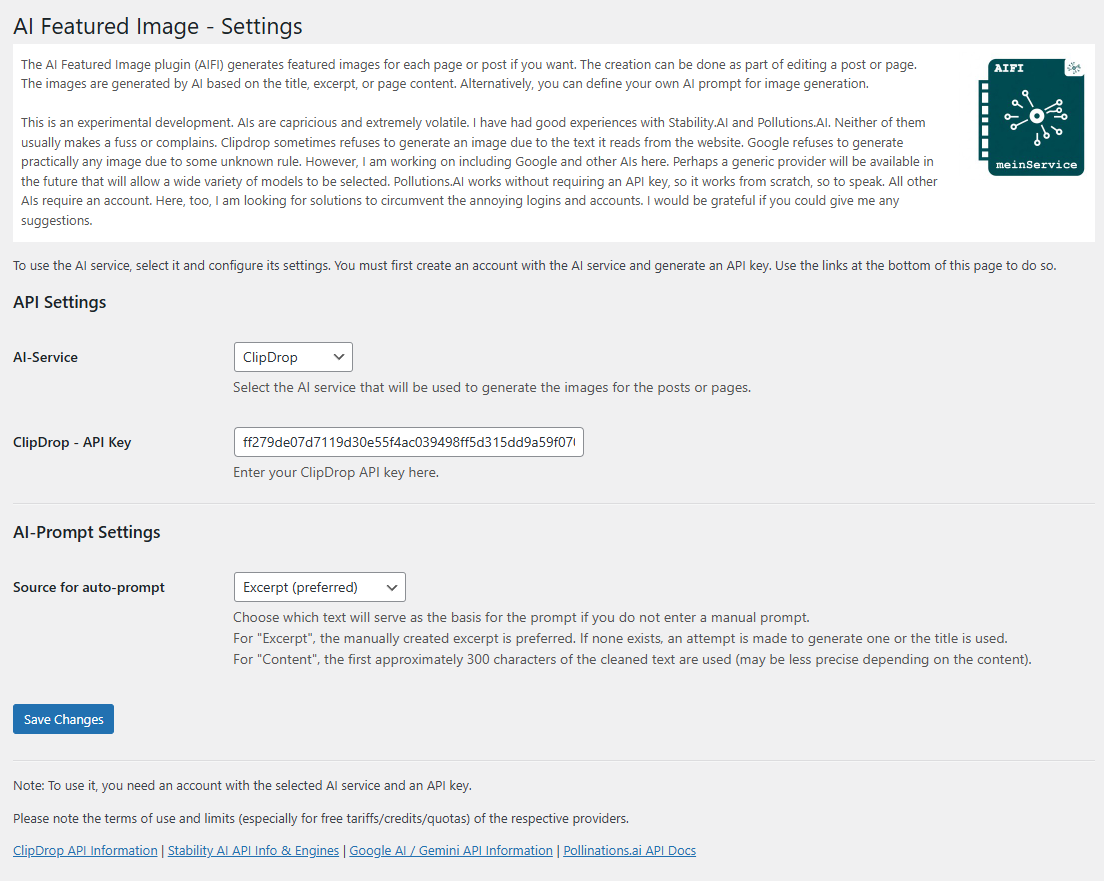 The AIFI Generator metabox in the post editor sidebar.