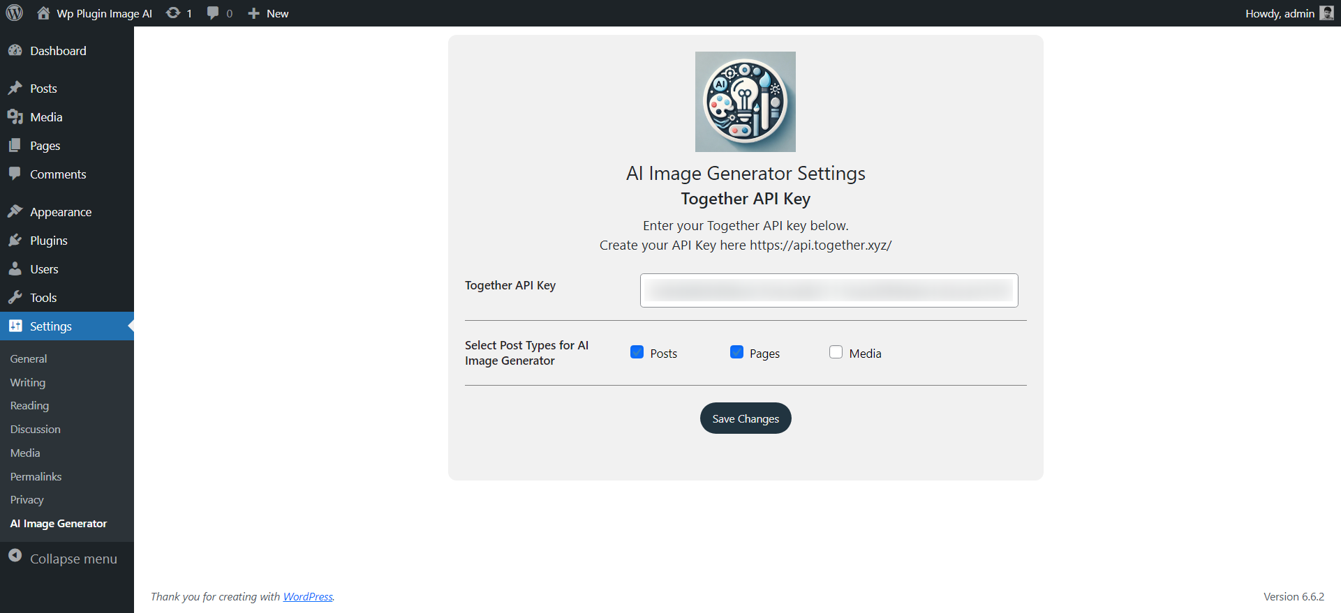 AI Image Generator settings page.