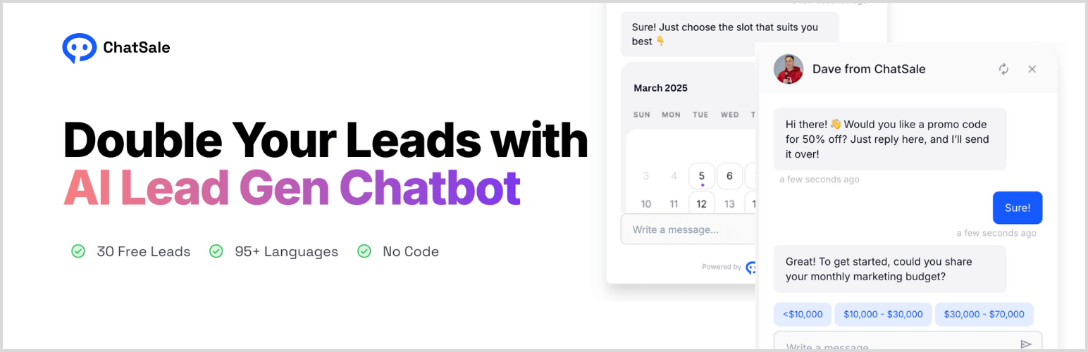 WordPress 外掛 Free AI Lead Generation Chatbot – ChatSale 的封面圖片。