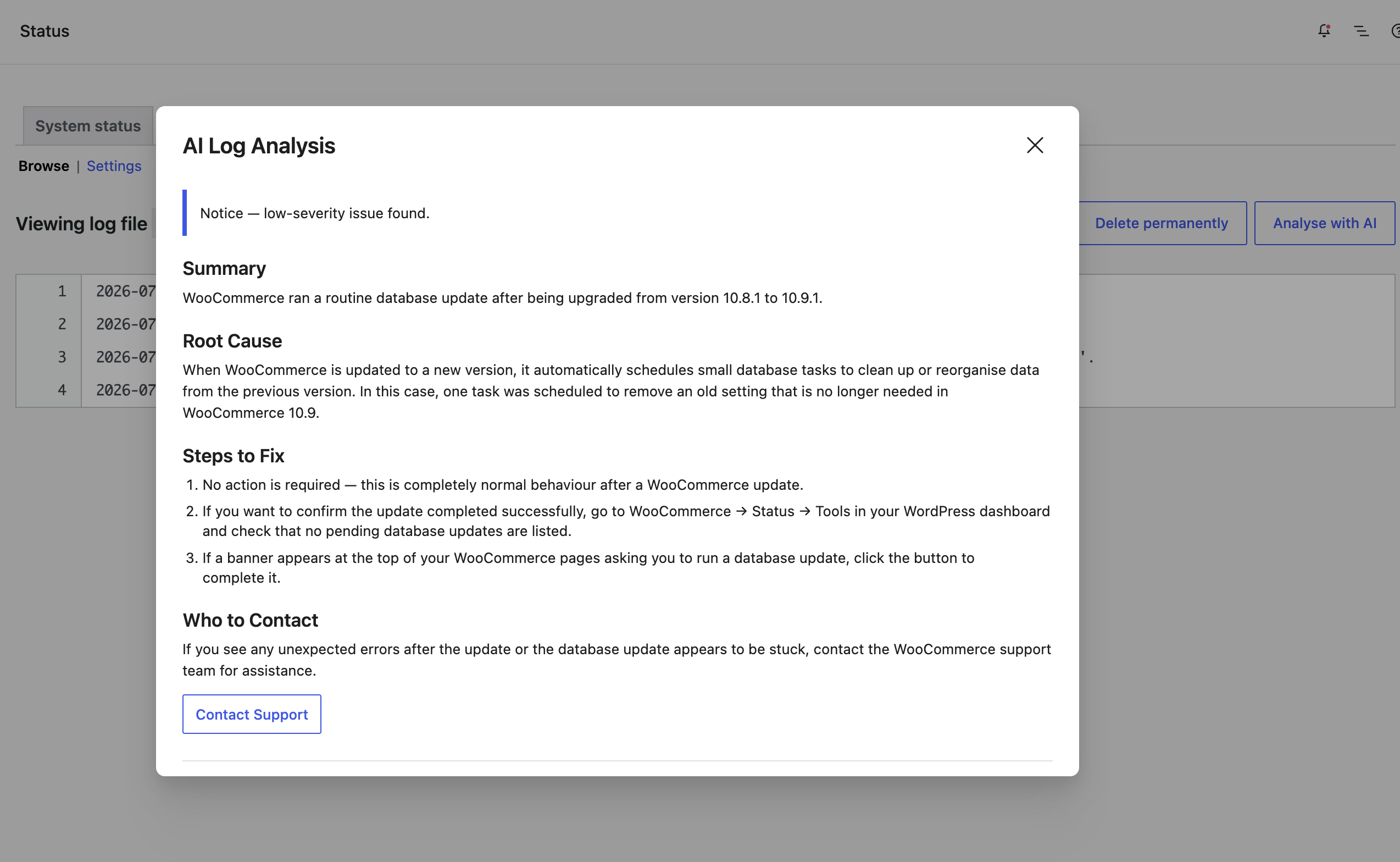The AI analysis modal showing a severity notice, cause summary, and step-by-step fix instructions.