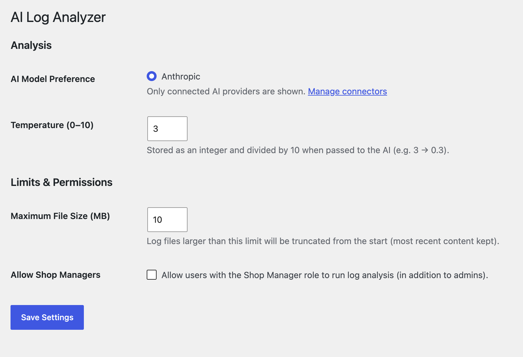 The settings page with model preference, temperature, and permissions controls.