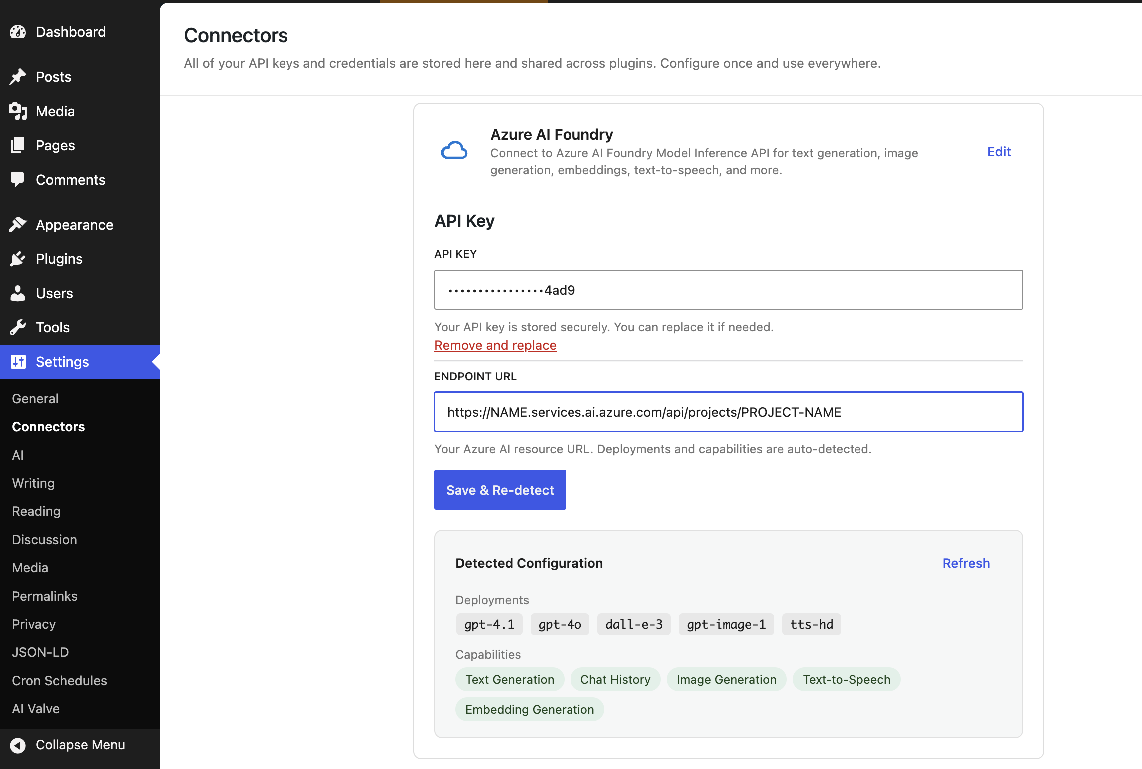 Azure AI Foundry Connector in the WordPress admin Connectors page, showing detected deployments and capabilities.