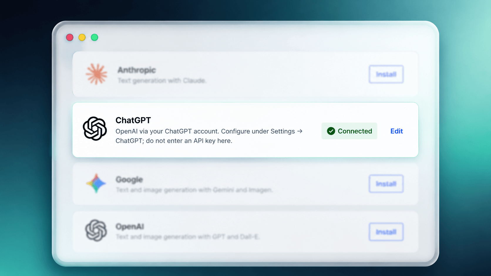 ChatGPT registers as a connector and appears in the WordPress AI connectors list, alongside the other providers.