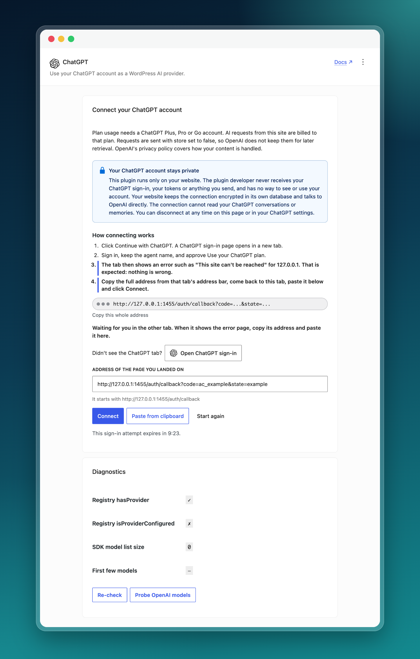 The ChatGPT settings screen: sign in with ChatGPT, paste the address you landed on, then check the connection and its models in diagnostics.