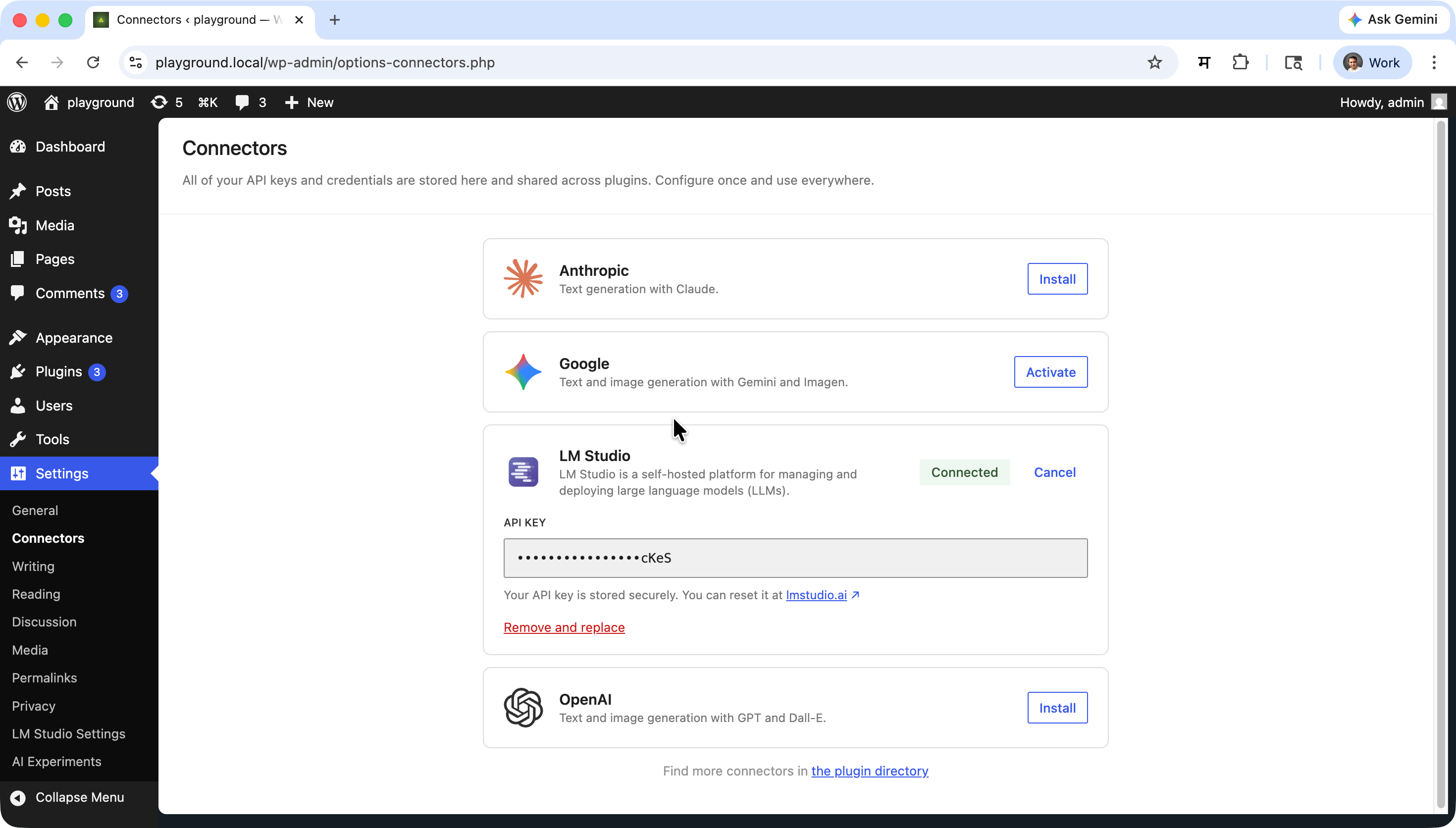 LM Studio provider in Connectors page showing connection status and API Key field.