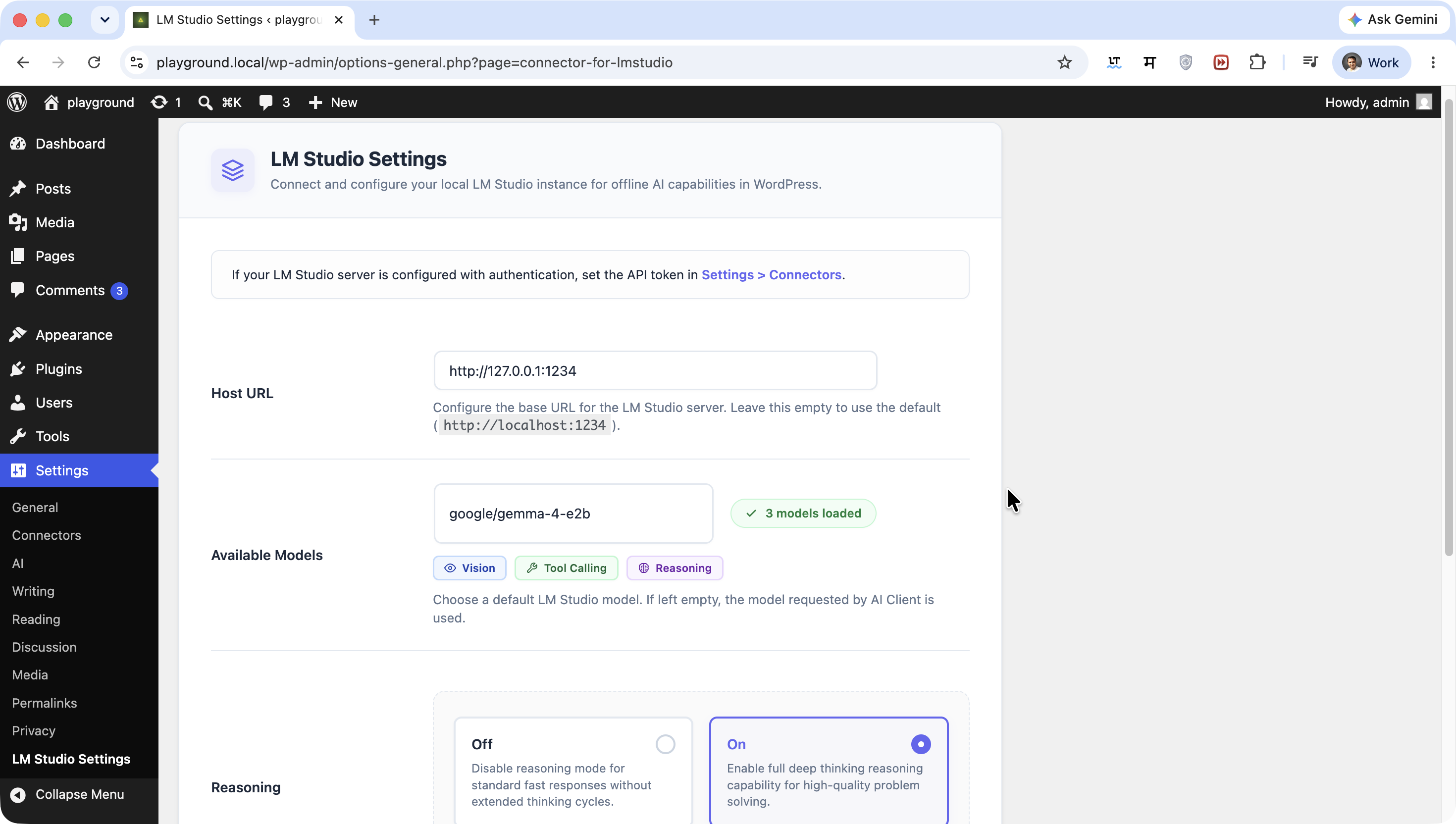 LM Studio settings page showing host URL and model selection.