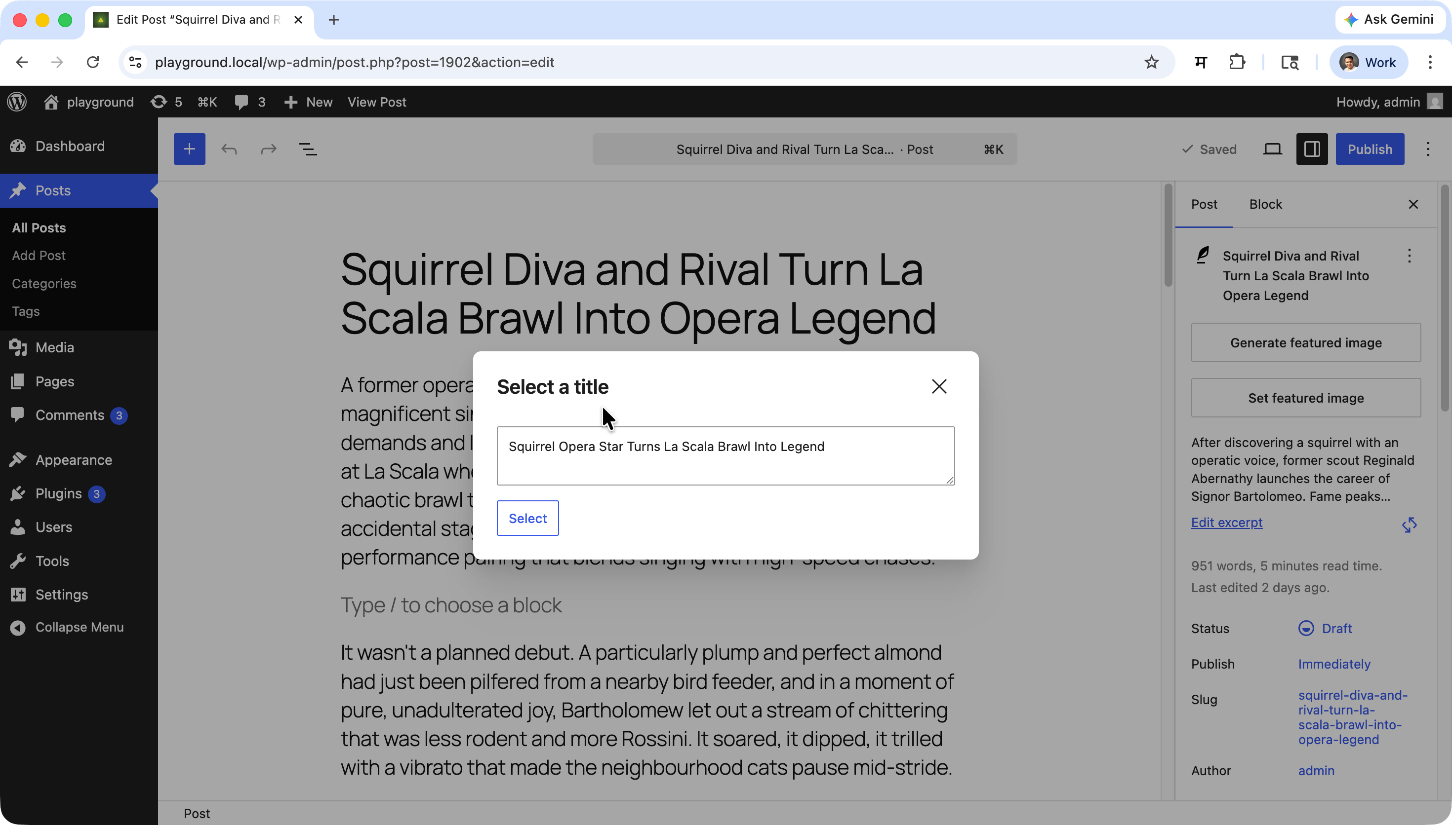 Example of generating post title using a local LM Studio model in the WordPress editor.