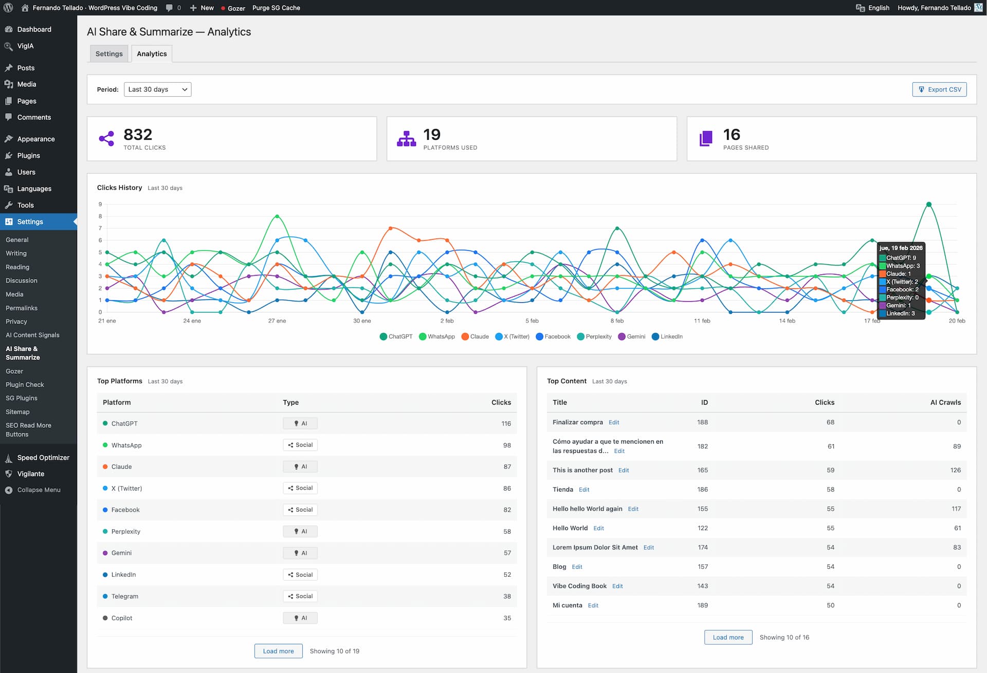 Analytics dashboard with timeline chart and platform breakdown