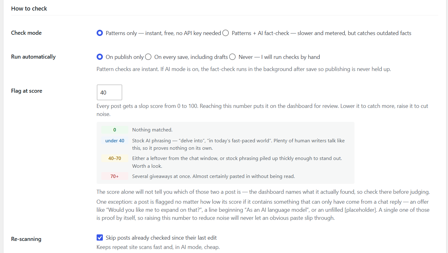 Editor sidebar flagging a post with leftover chat residue.
