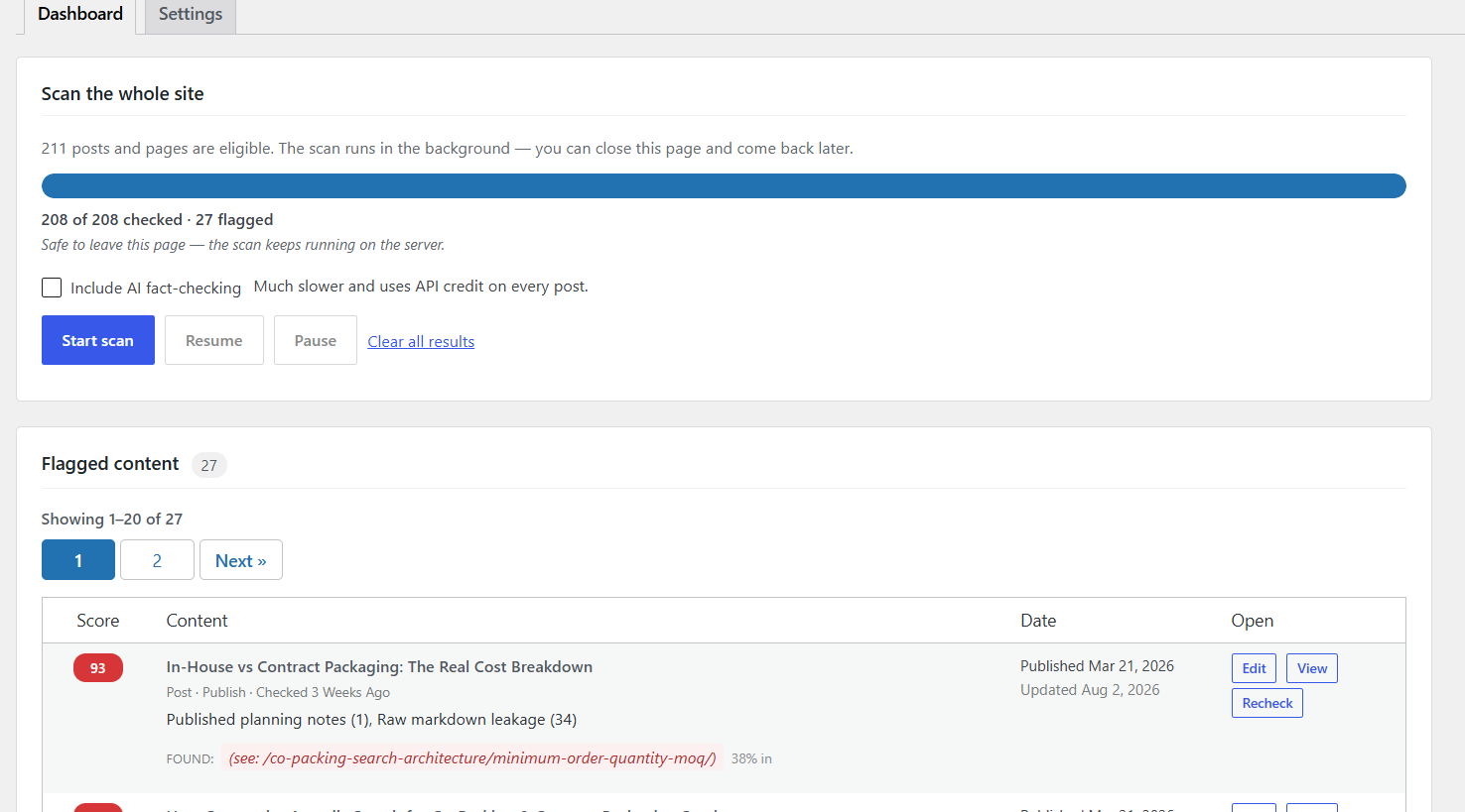 The dashboard: site-wide scan progress and the flagged list.