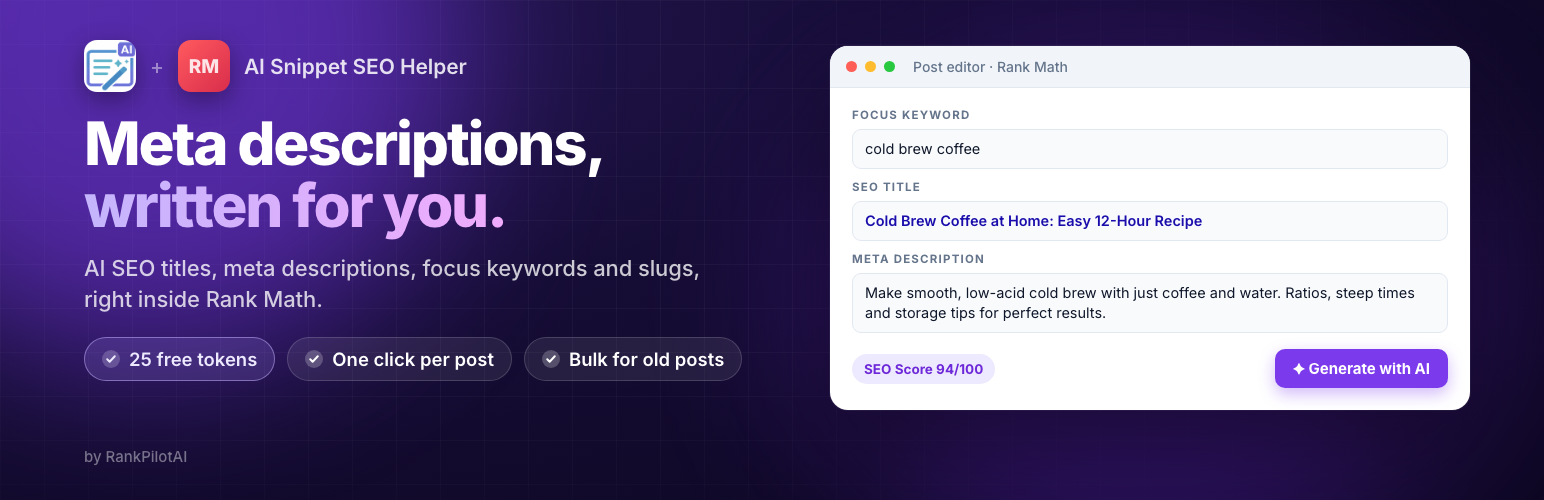 WordPress 外掛 AI Snippet SEO Helper – AI Meta Description & SEO Title Generator for Rank Math 的封面圖片