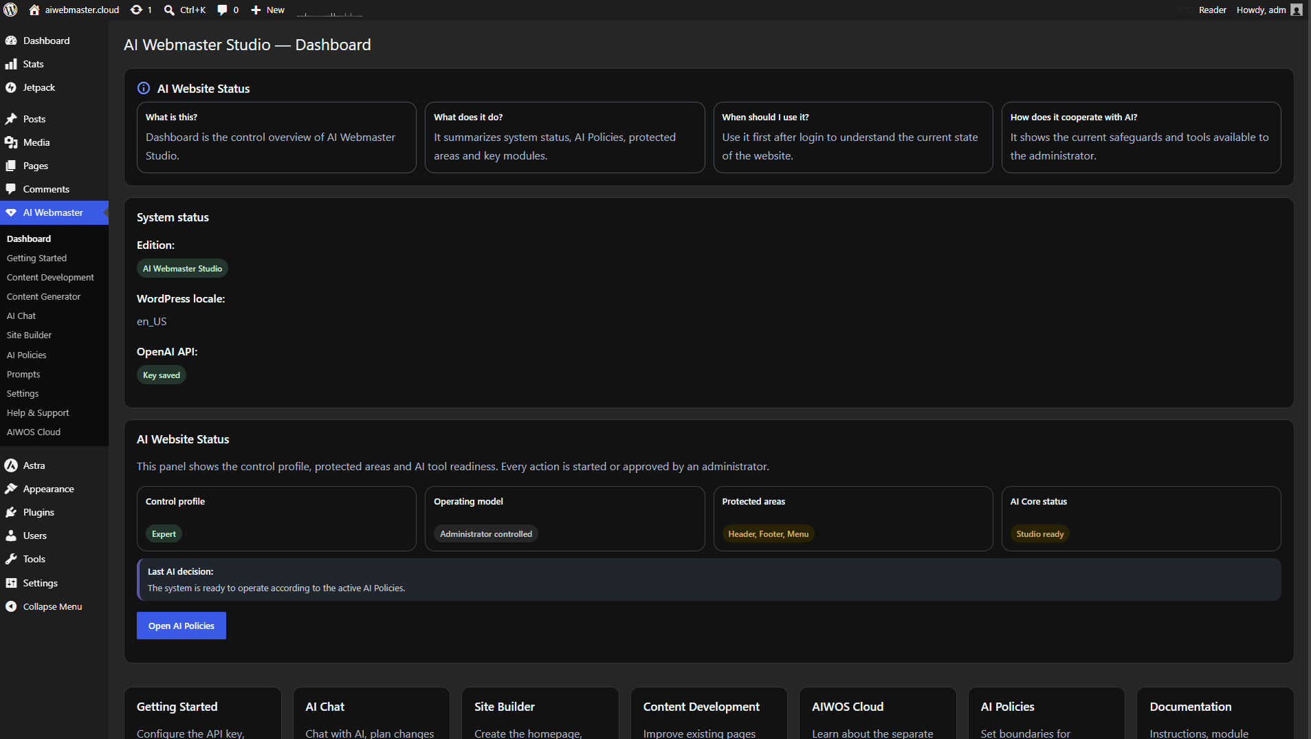 AI Webmaster Studio dashboard and supervised workflow overview.