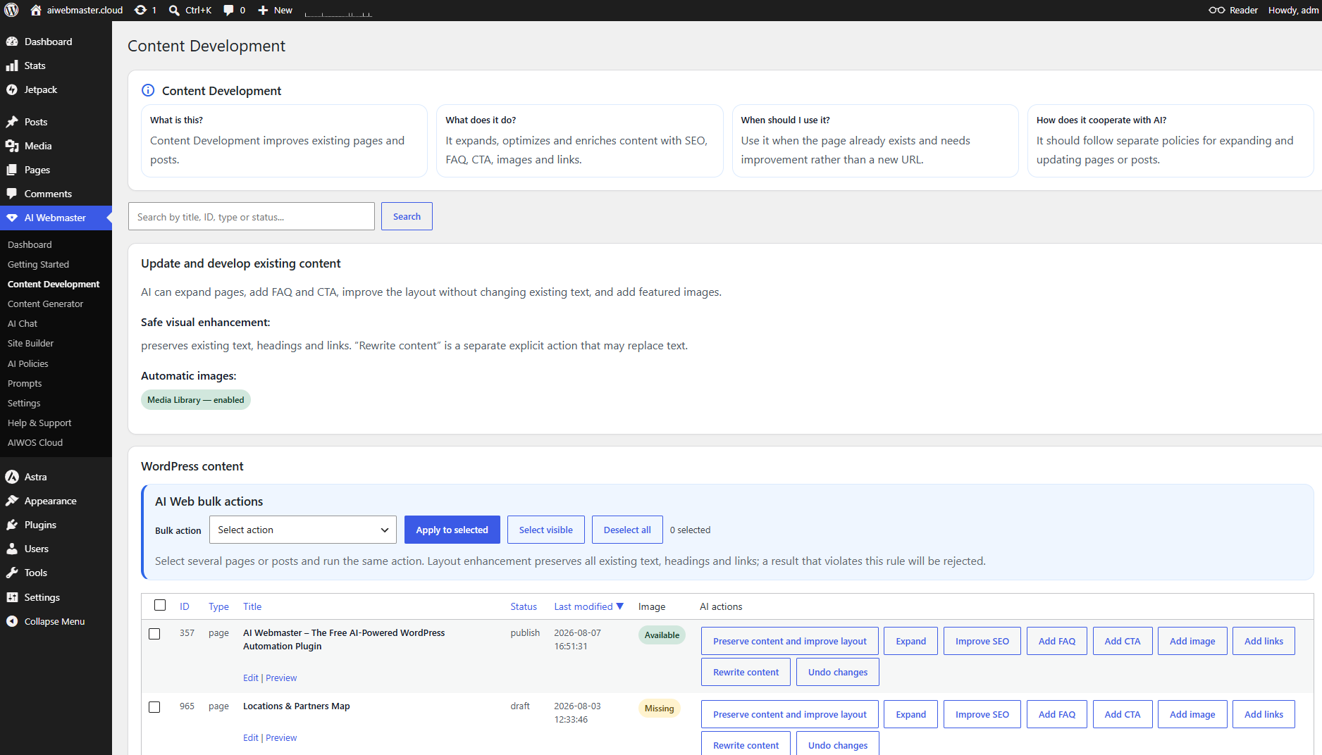 Content Development single and bulk actions.