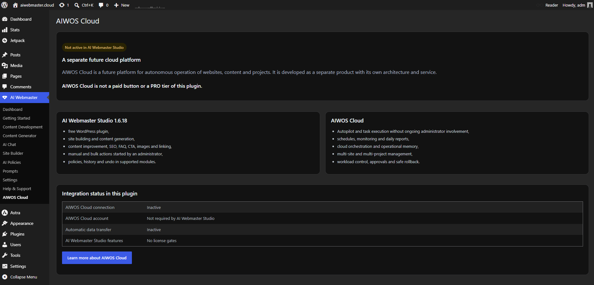 Informational AIWOS Cloud comparison screen.